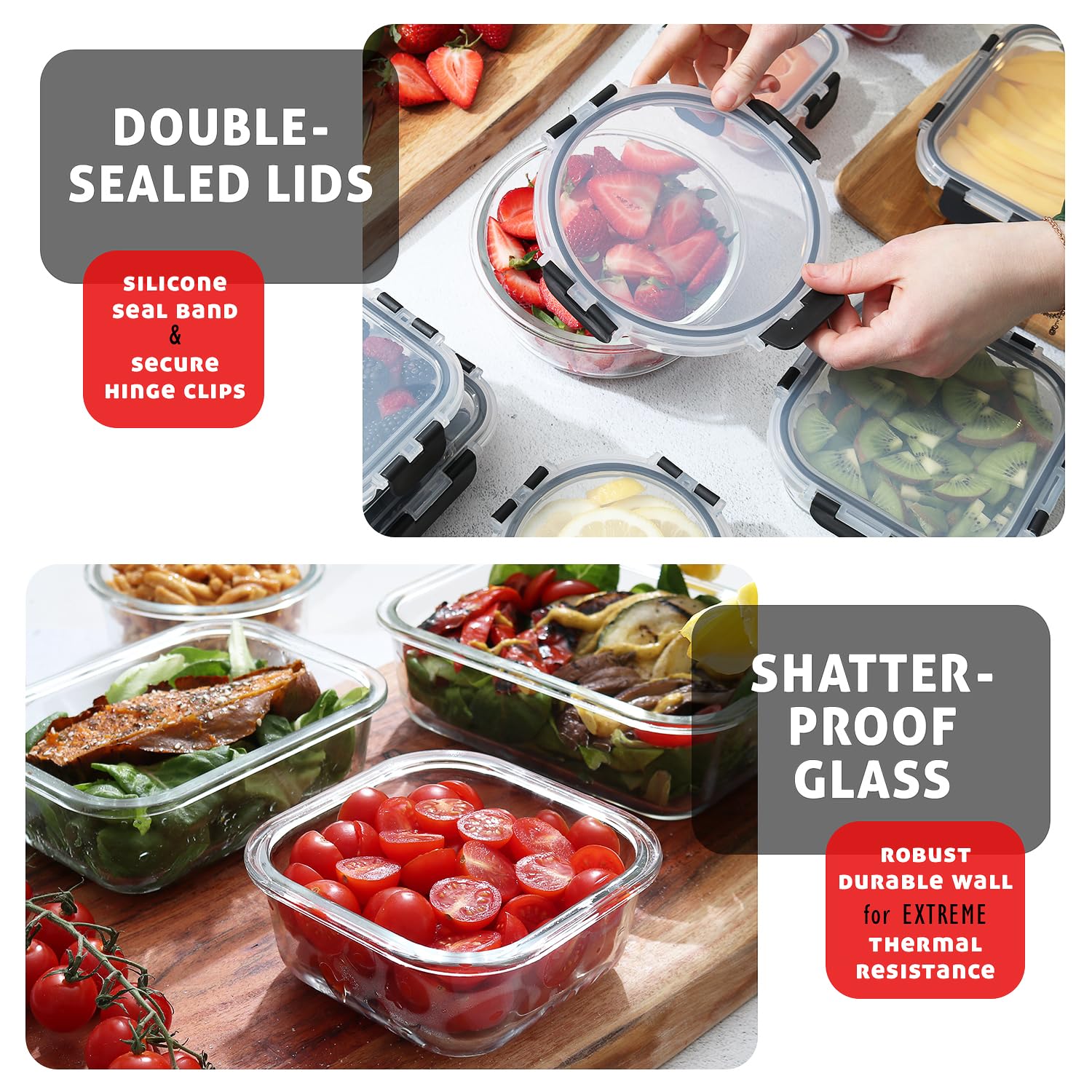 EATEX 24-Piece Glass Food Storage Containers Set with Airtight Lids - 12 Containers & 12 Lids - BPA-Free Kitchen Pantry Organizers for Meal Prep, Leftovers, Freezer & Oven Safe - Ideal for Lunch Boxes, Baking & Food Preservation