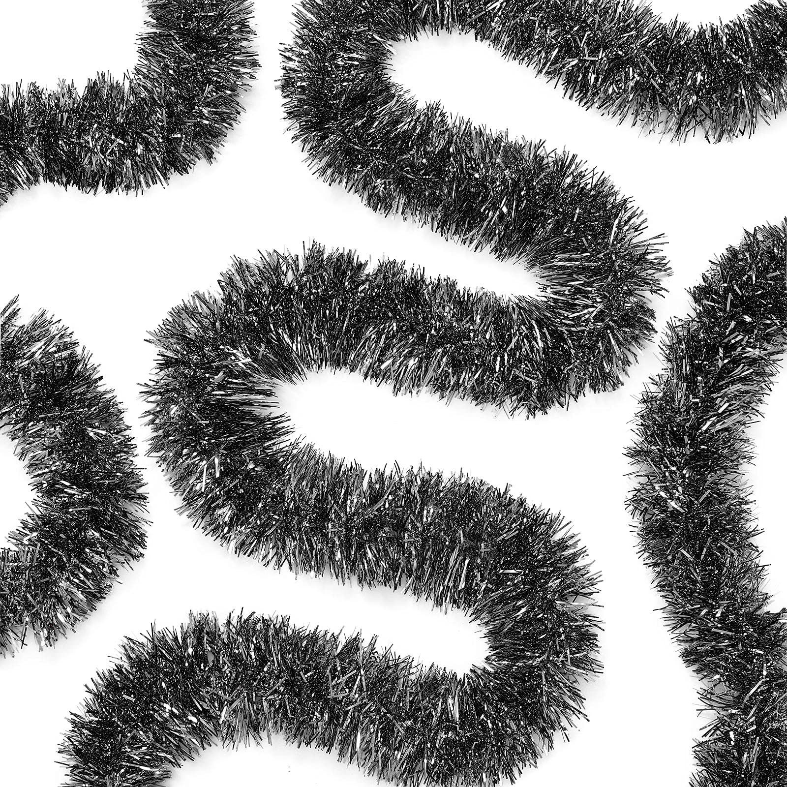 50 Feet Metallic Tinsel Garland - Black Christmas Tree Decorations for Holiday, Wedding & Party Decor | WILLBOND 3 Inch Twist Tinsel for Xmas, New Year, Birthday Celebrations & Home Decoration