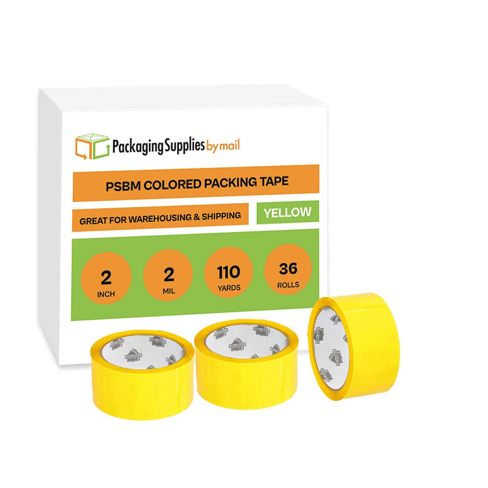 PSBM Yellow Packing Tape 2 Inch x 110 Yards, 36 Pack - Heavy Duty Colored Packaging Tape for Dispenser Refill, Moving, Storage & Shipping | Ideal for Home, Office & Warehouse Use