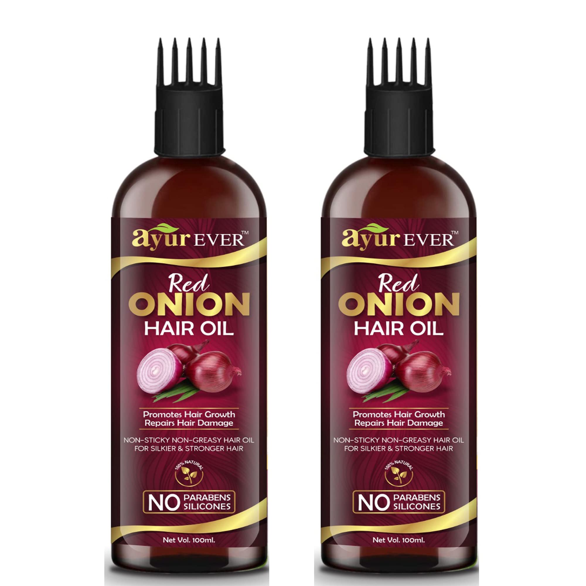 AYUREVER Red Onion Hair Oil for Hair Growth & Hair Loss Prevention | Sulfate & Paraben Free with Deep Root Comb | Anti-Dandruff Treatment Enriched with Onion Oil - 100ml (2 Pack) | Promotes Thicker, Healthier Hair for Men & Women | Perfect for Daily Scalp Massage & Night Hair Care Routine