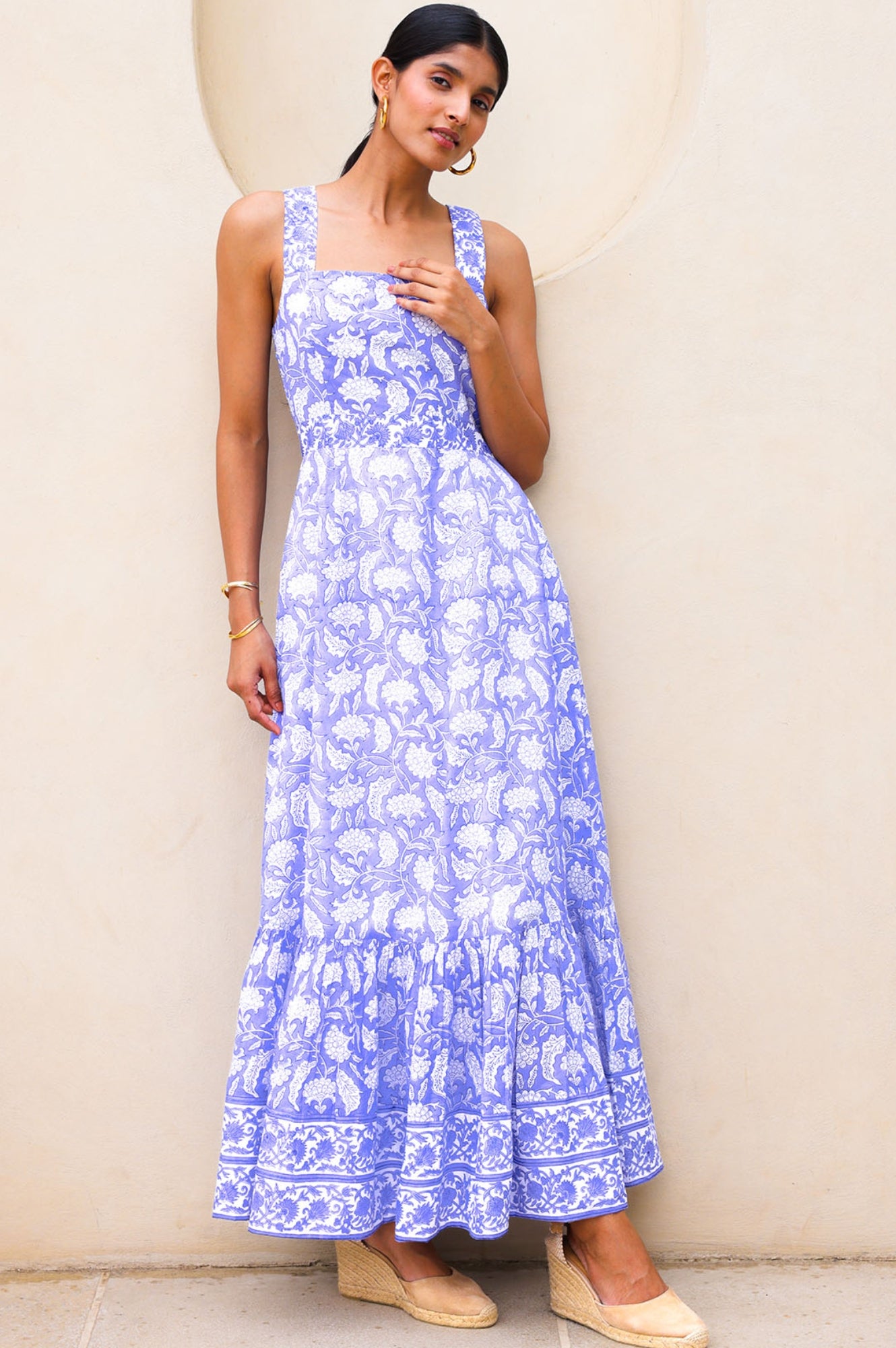 Aurelia Organic Cotton Block Print Dress - Iris Blue & White | Boho Chic Summer Dress for Women | Perfect for Beach, Vacation & Casual Outings