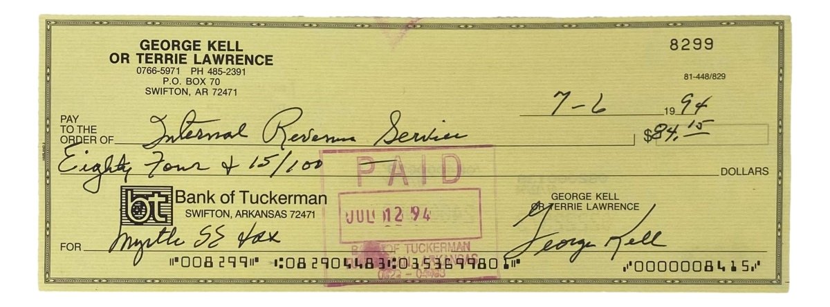 Authentic George Kell Detroit Tigers Signed Bank Check #8299 BAS - Rare Sports Memorabilia for Collectors & Fans - Perfect for Display in Man Caves, Sports Bars & Memorabilia Rooms
