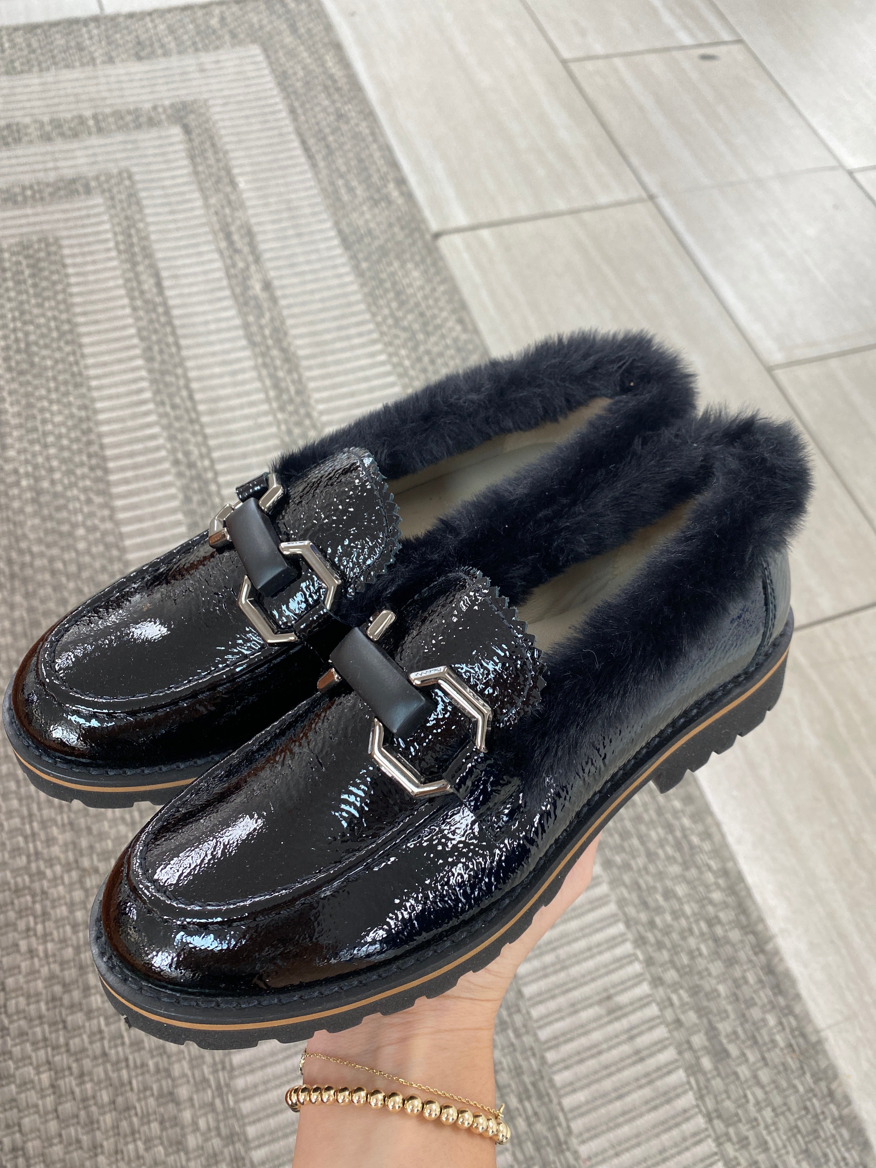 Beberlis Black Patent Fur Chunky Loafers for Women - Stylish & Comfortable Slip-On Shoes for Work, Office & Casual Outfits