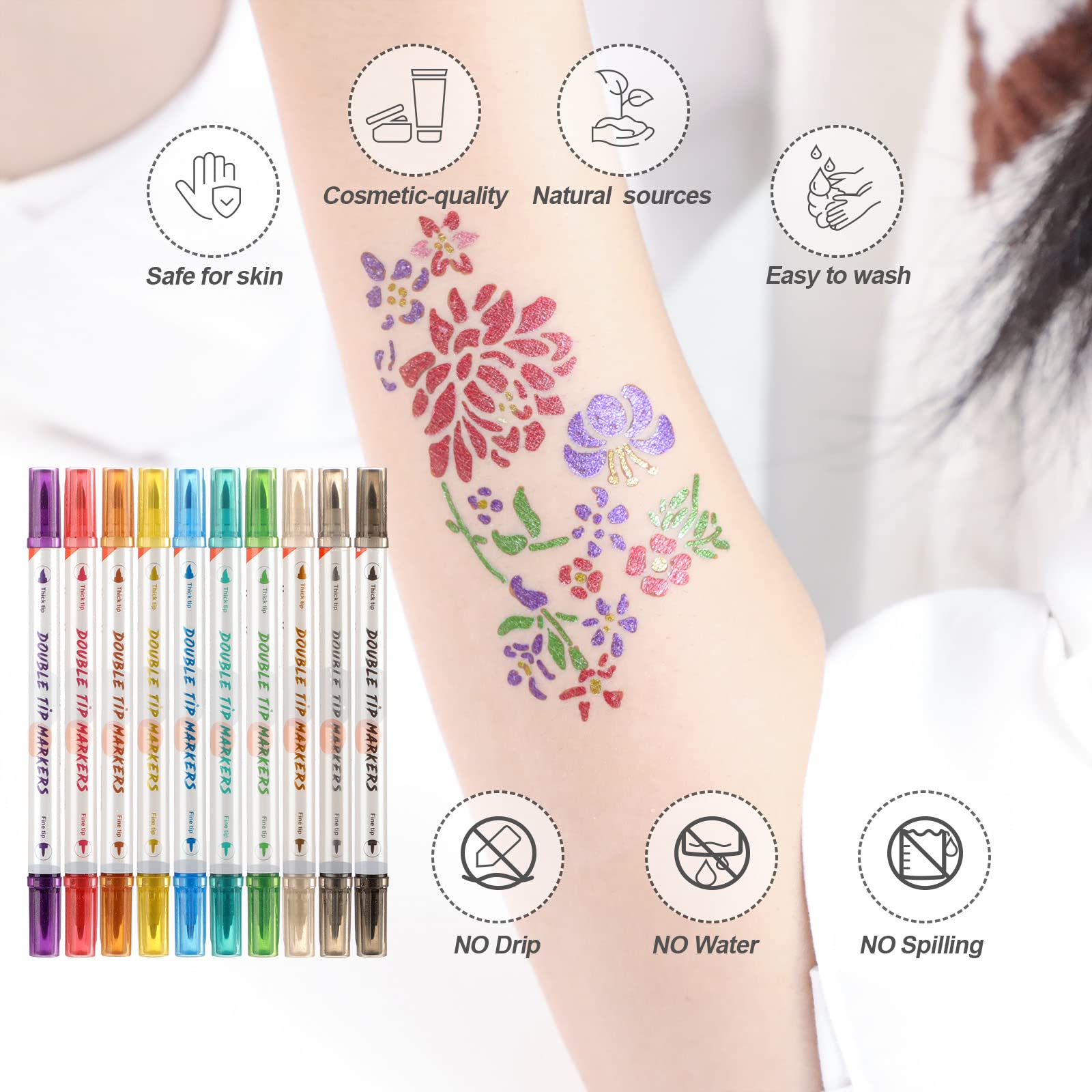 HAWINK Temporary Tattoo Markers Kit - 10 Dual-End Body Markers & 56 Large Stencils for Kids & Adults | Bold & Fine Line Drawing | Non-Toxic Cosmetic-Grade Ink | Perfect for Parties, Halloween & Creative Body Art | ZYH2208001KIT