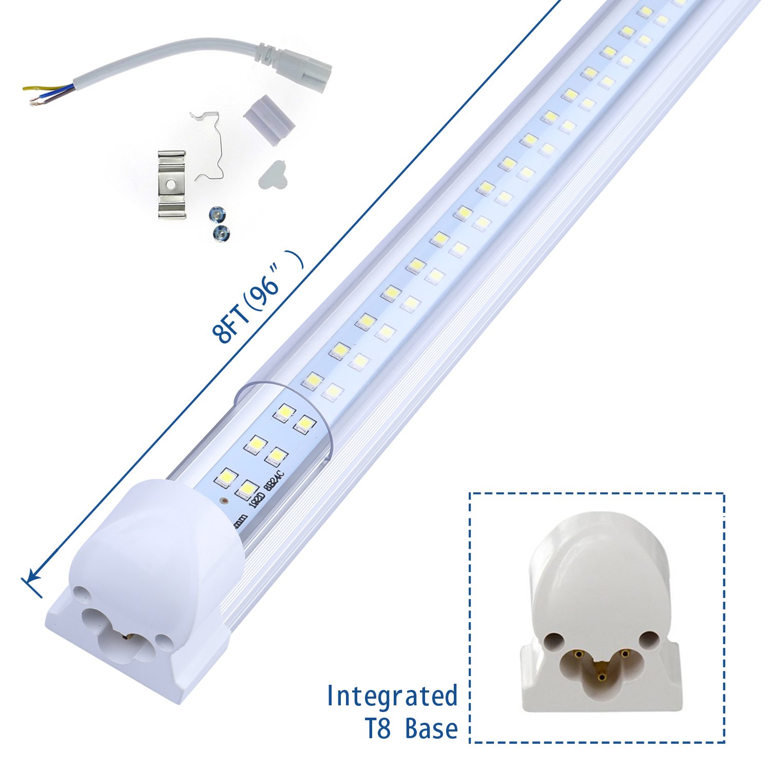 8FT LED Tube Light 72W (150W Fluorescent Equivalent) - 170° Wide Beam Angle, Double-Sided, Plug and Play, No Ballast Needed, Clear Cover, 6000-6500K Cool White - Pack of 25 - Perfect for Warehouses, Garages, and Commercial Lighting