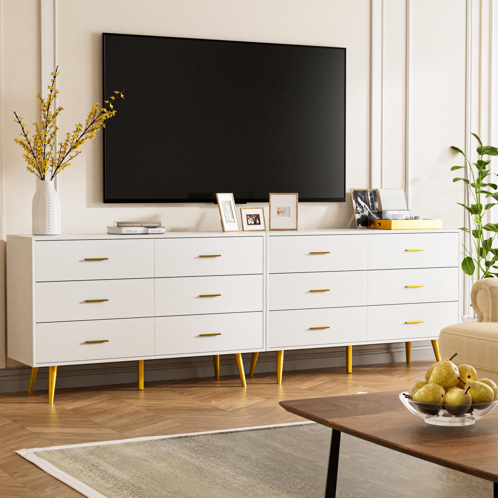 White Dresser for Bedroom - 6 Drawer Chest with Gold Metal Handles, Wide Storage Drawers, Modern Wood Dresser for Hallway, Entryway, Living Room | Perfect for Organizing Clothes, Bedding & Home Decor in Small Spaces