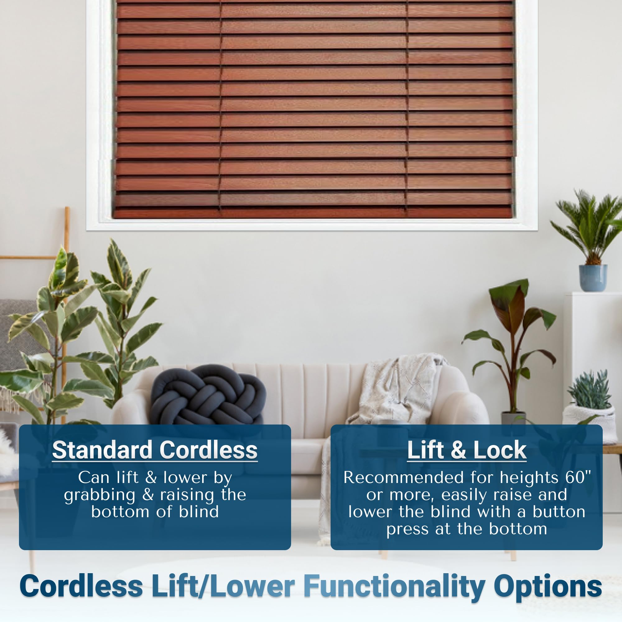 Customizable Wood Horizontal Cordless Window Blinds - 2 Inch Slats - Rosewood Finish - Inside or Outside Mount - Perfect for Living Room, Bedroom & Home Office