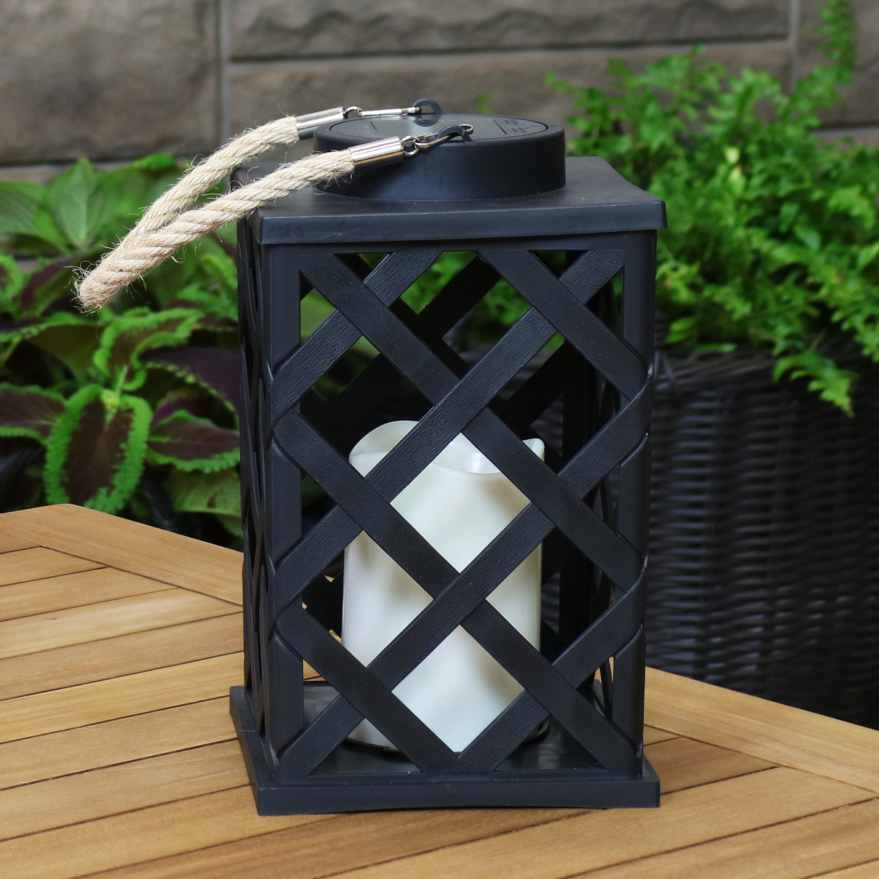 Sunnydaze Modern Crosshatch Outdoor Solar Decorative Candle Lantern - Waterproof Garden, Patio, Pathway Lighting for Backyard, Porch & Outdoor Decor