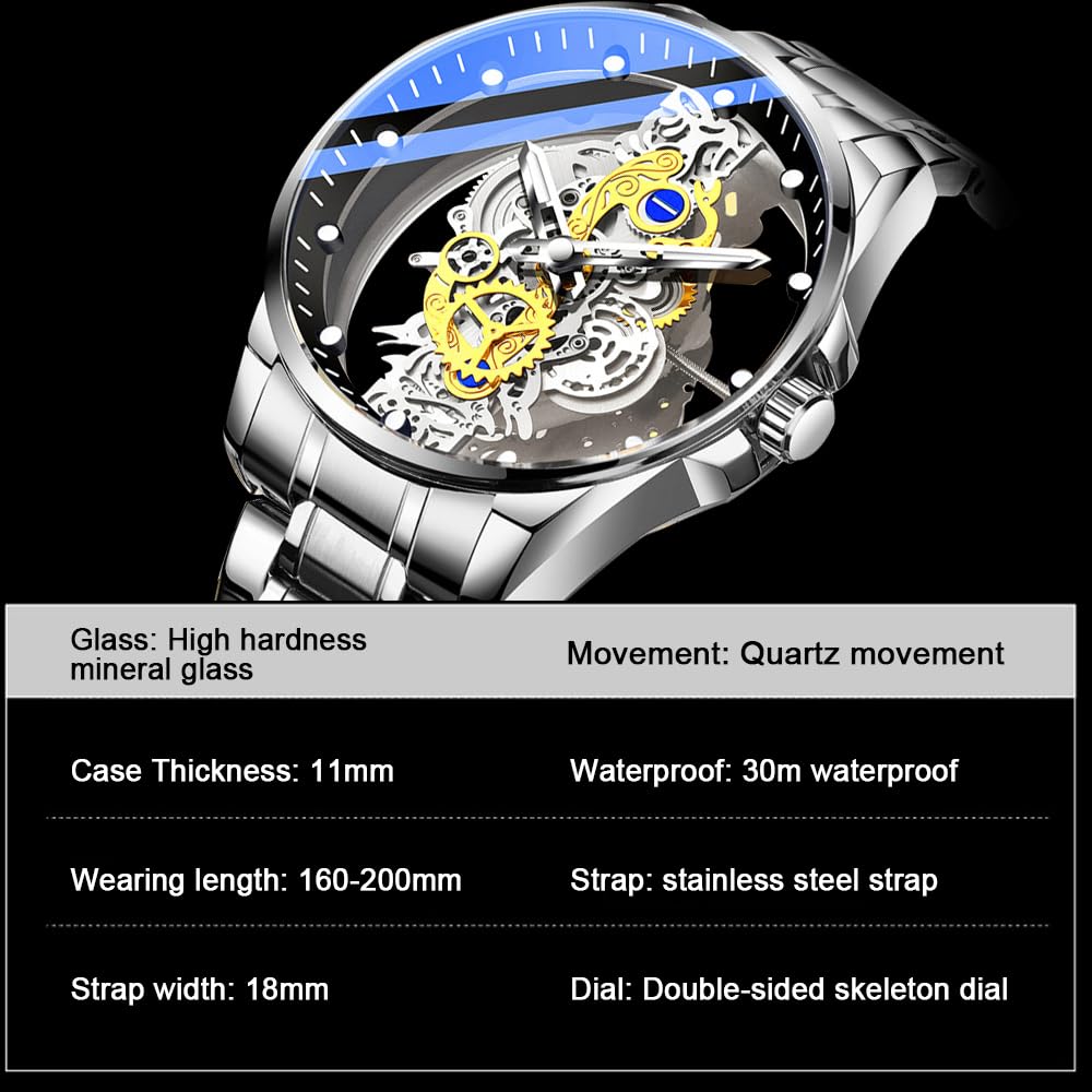 Tiong Men's Stainless Steel Waterproof Skeleton Quartz Watch - Clear Cover Business Dress Watch for Men | Perfect for Office, Formal Events & Everyday Wear