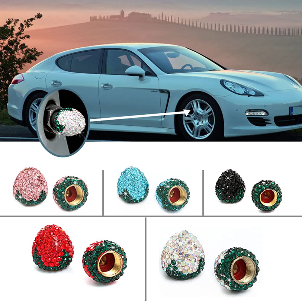 Sparkling Red Rhinestone Strawberry Car Tire Valve Stem Caps - 4 Pack Handmade Crystal Bling Accessories for Dustproof Protection & Stylish Car Decor - Perfect for Sedans, SUVs & Custom Vehicles
