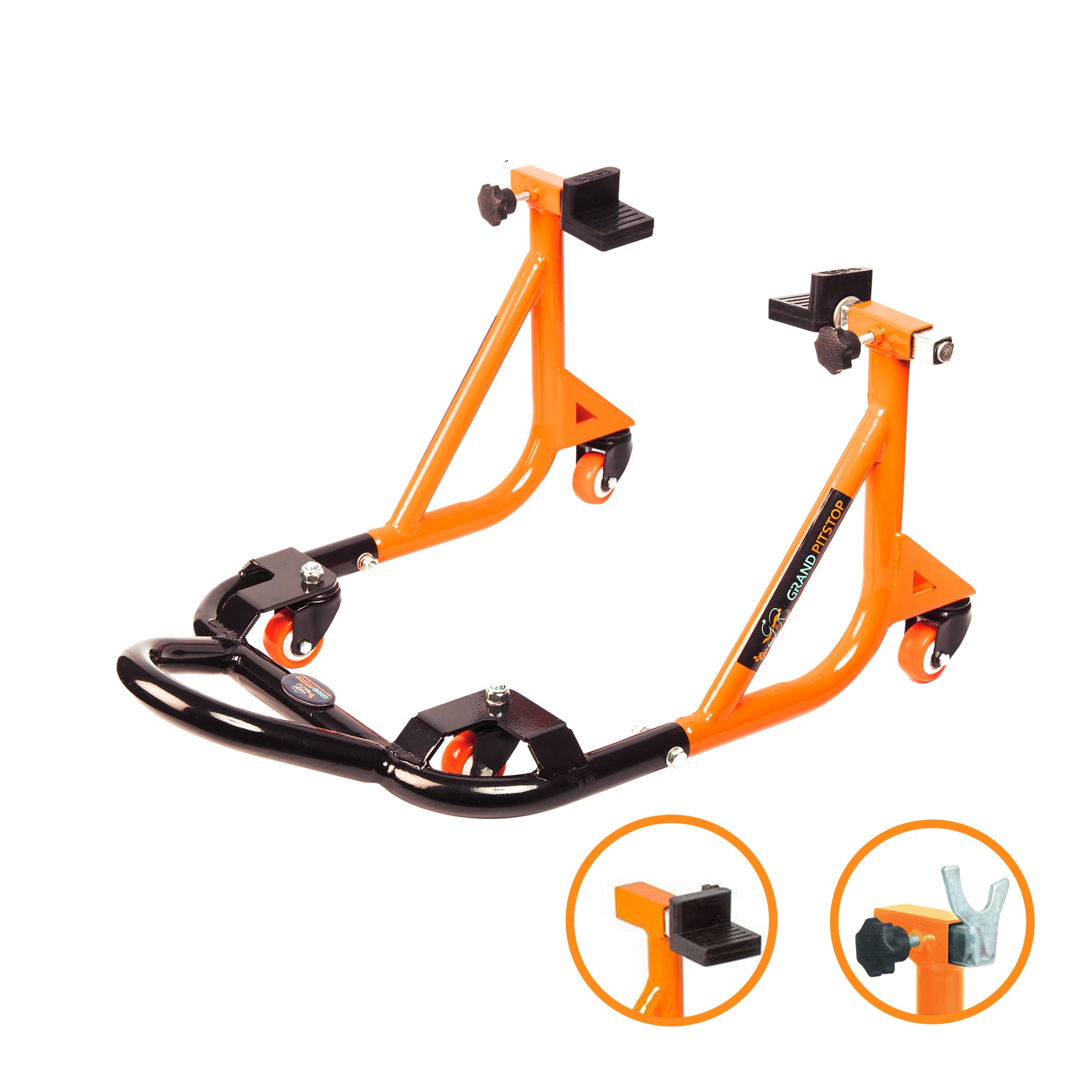 Universal Adjustable Motorcycle Rear Paddock Stand with Swingarm Rest - 360° Rotatable, Supports Up to 500 lbs (226 kg) - Black & Orange - Perfect for Bike Maintenance, Storage & Transport