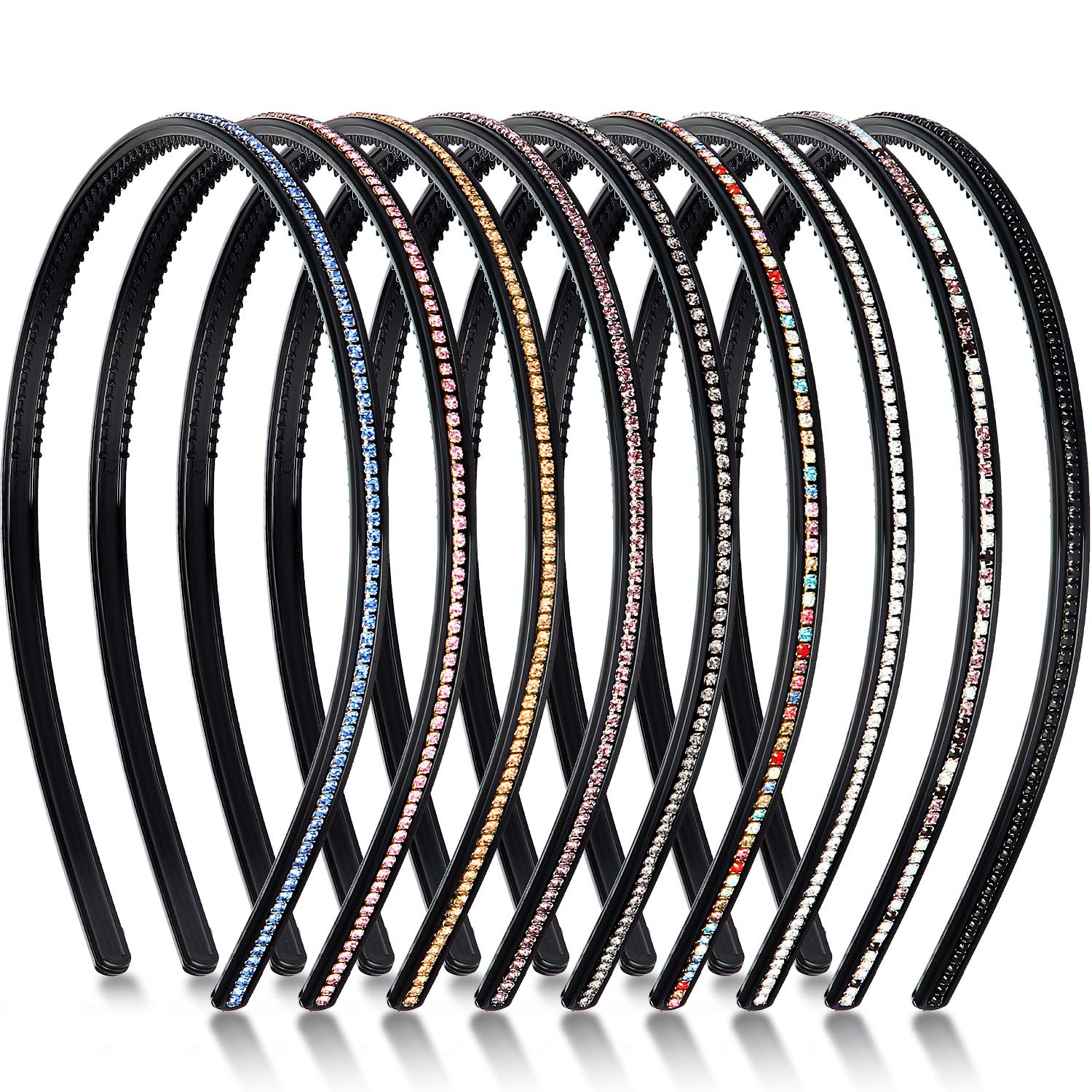 WILLBOND 9 Pack Rhinestone Crystal Headbands for Women - Skinny Plastic Hair Bands with Teeth, Thin Bling Hair Hoops (9 Colors) - Perfect for Weddings, Parties, and Everyday Fashion Accessories
