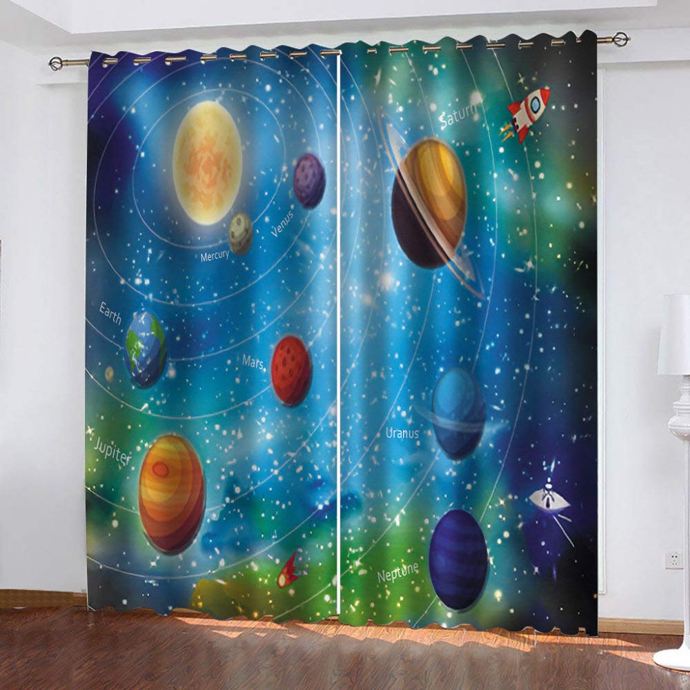 3D Printed Cosmic Earth Planet Window Curtains - 2 Panels Blackout Drapes for Sun Reduction (52x84 Inches) | Perfect for Living Room, Bedroom & Kids Room Decor