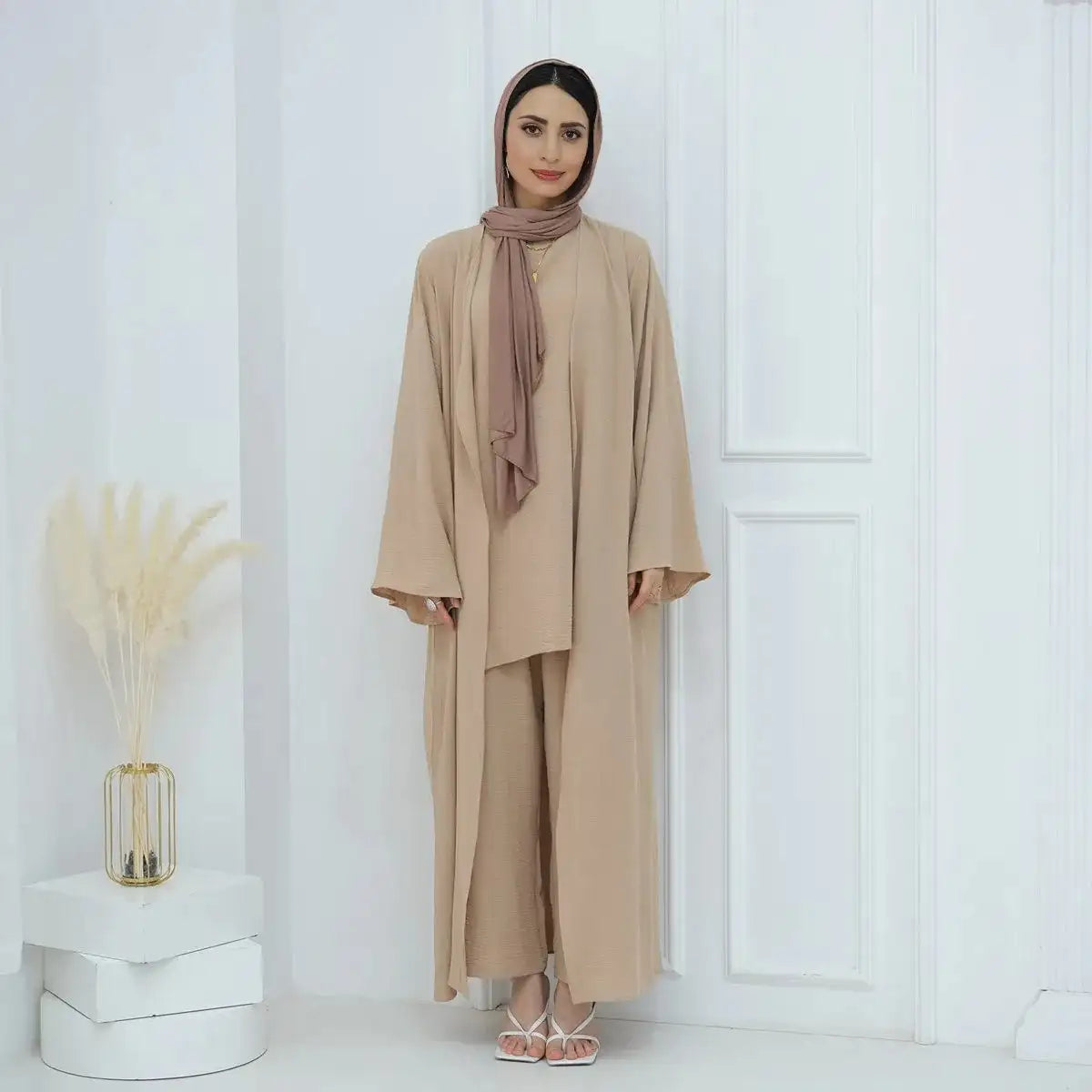 3-Piece Sleeveless Top & Pant Suit with Open Abaya Dress for Muslim Women - Modest Islamic Fashion for Prayer, Eid, Wedding & Special Occasions