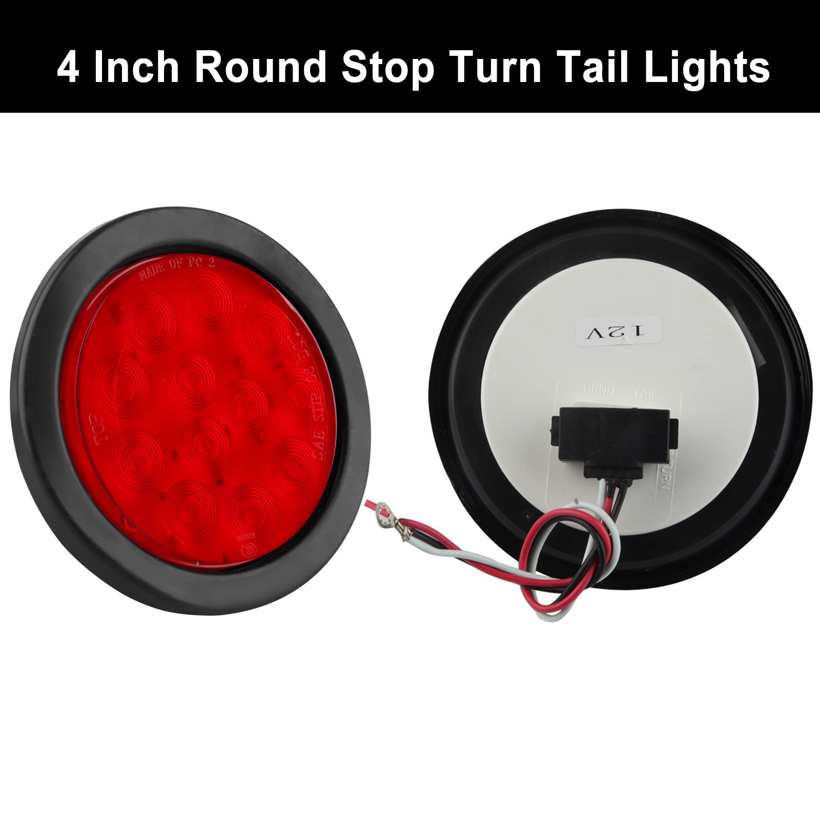 10Pcs 4 Inch Round LED Trailer Tail Lights - Red 12 LED Waterproof Brake Turn Signal Lights for Trucks, RVs & Trailers - Flush Mount with 3-Prong Wire Pigtails - Durable & Weatherproof for Heavy-Duty Use
