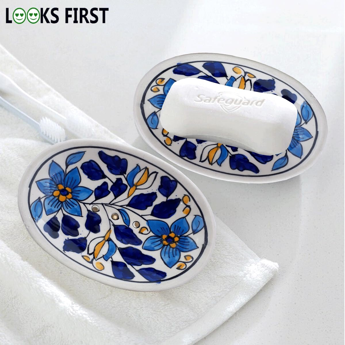 Hand Painted Floral Ceramic Soap Dish Tray - Elegant Soap Holder for Bathroom, Kitchen & Office Decor - Blue Ceramic Soap Case with Drainage - Perfect for Spa, Guest Bathrooms and Vanity Organization
