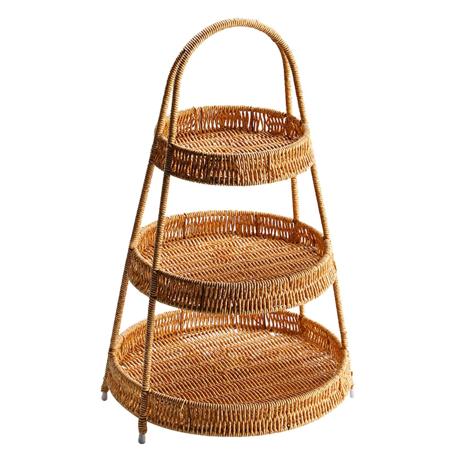 CALANDIS® 3-Tier Handwoven Wicker Serving Basket - Food & Snack Tray for Coffee Table, Party Countertop, and Light Dining | Perfect for Fruits, Bread, Desserts, and Entertaining Guests at Home or Office