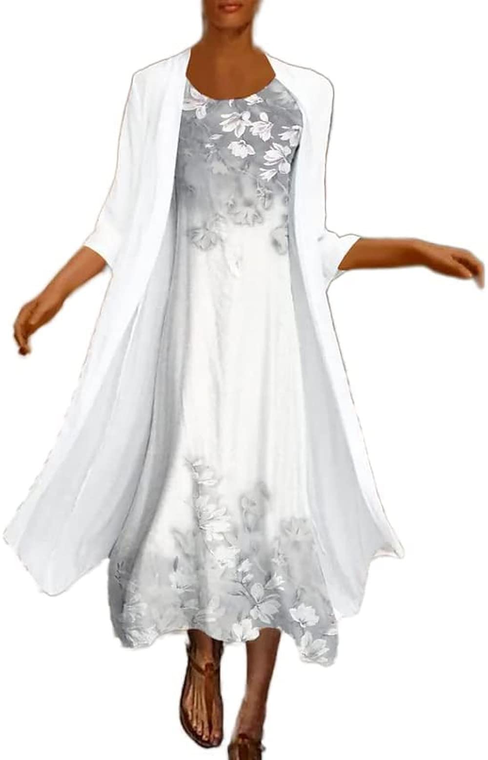 Floral Print Chiffon Dress with Sleeveless Cardigan 2-Piece Set - 3/4 Sleeve Irregular Hem Wedding Guest Dress for Women - Perfect for Summer Weddings, Garden Parties & Special Occasions