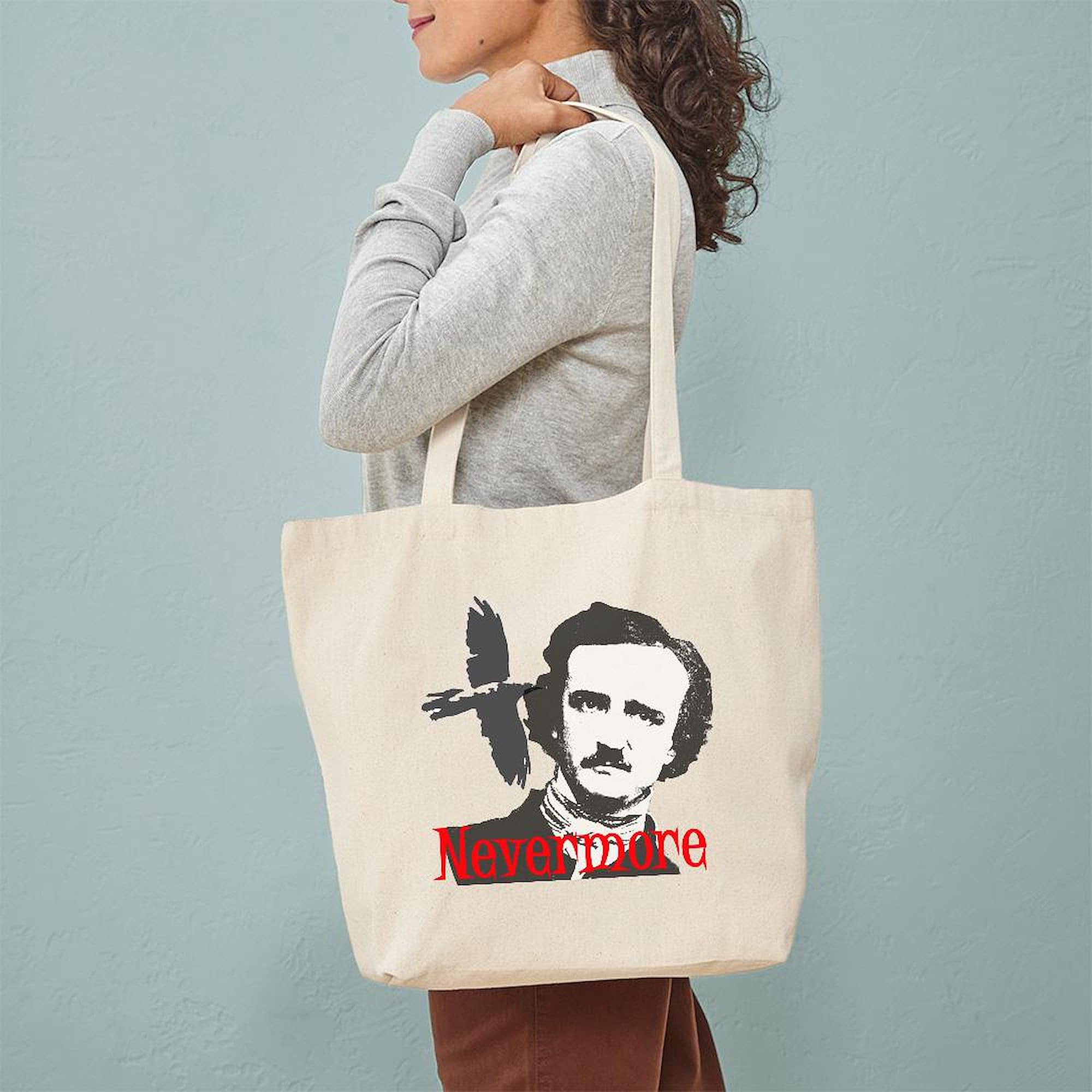 Edgar Allan Poe NEVERMORE Canvas Tote Bag - Reusable Natural Shopping Bag for Book Lovers & Gothic Fans | Perfect for Library, Bookstore & Coffee Shop