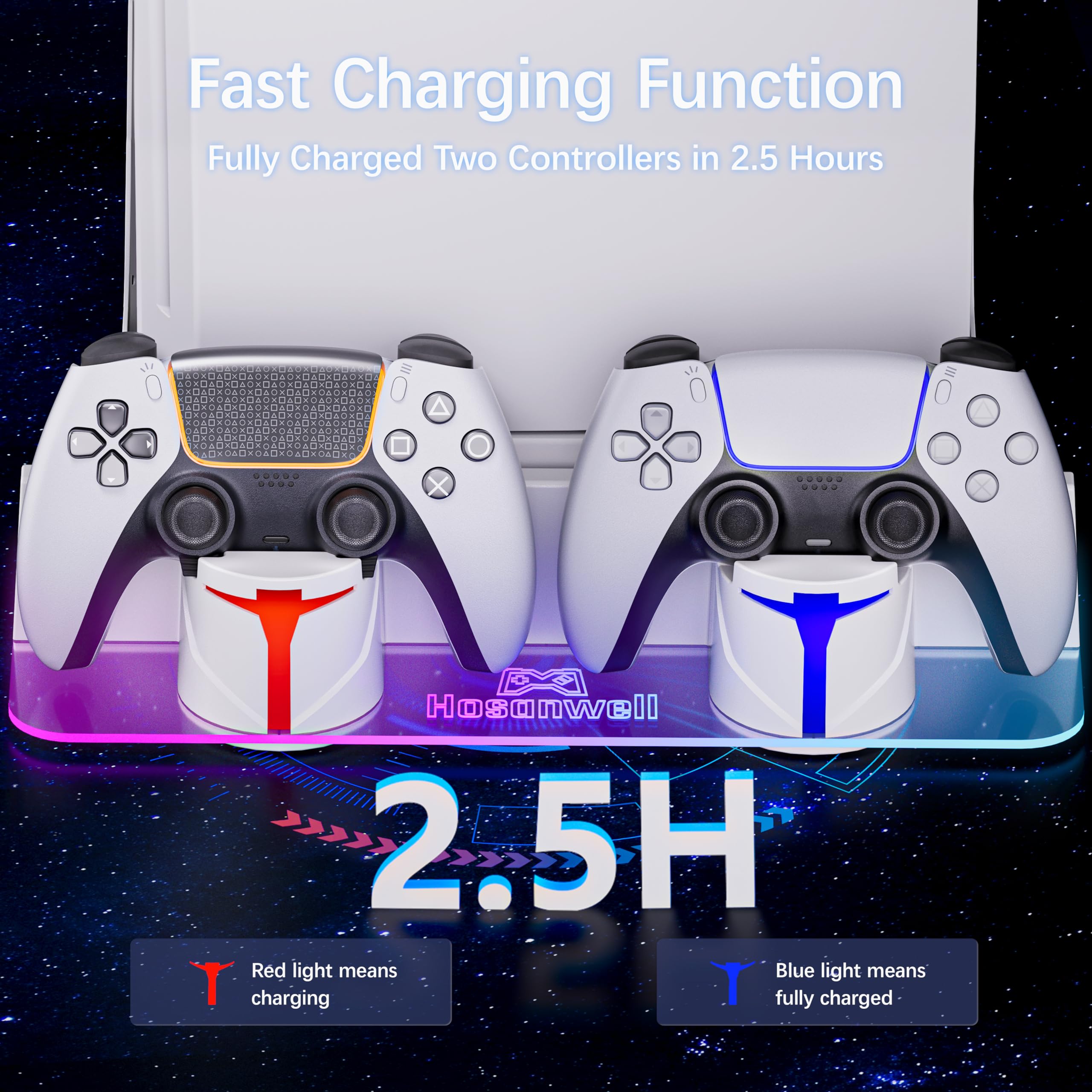 Hosanwell PS5 Wall Mount Kit with Charging Station - Playstation 5/Slim/Pro Accessories for Gaming Setup