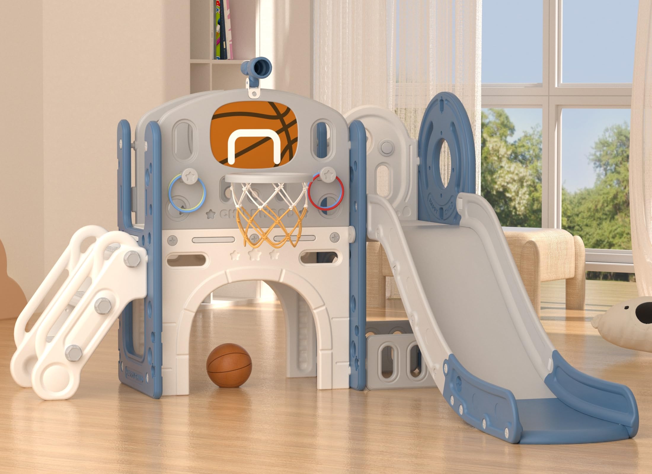 XJD 8-in-1 Toddler Slide and Climber Playset with Basketball Hoop - Indoor & Outdoor Playground for Kids Ages 1-3 Years - Perfect for Backyard, Playroom, Daycare and Preschool (Blue Grey)
