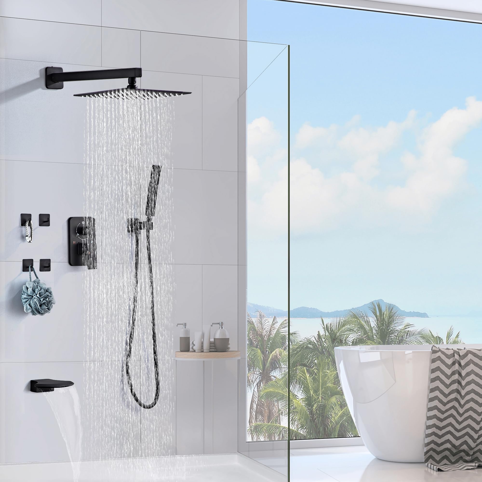 Premium Matte Black Rainfall Shower System - 10