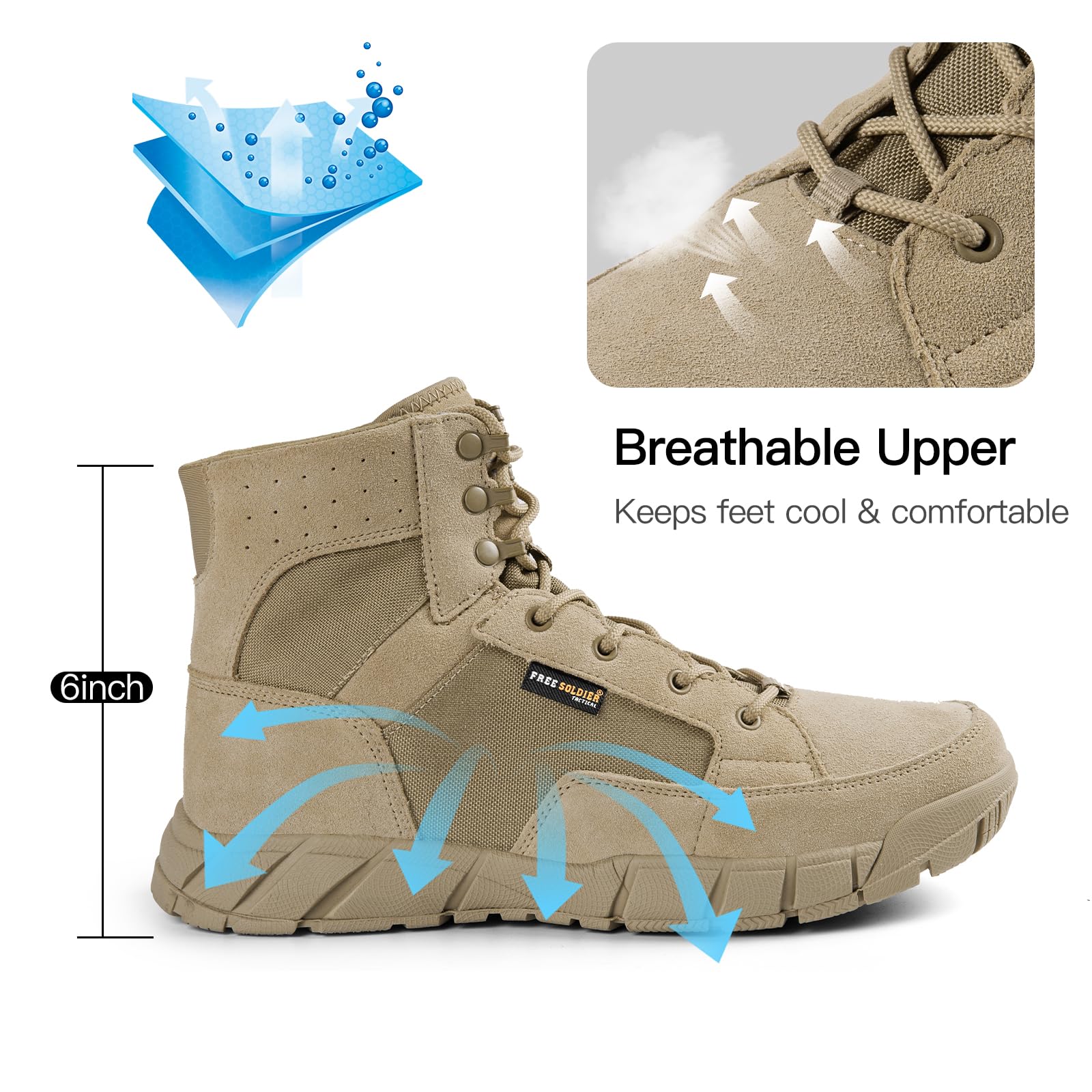 FREE SOLDIER Men's 6-Inch Tactical Hiking Boots - Lightweight Military Work Boots with Breathable Design for Outdoor, Desert & Adventure Use - Perfect for Hiking, Camping & Heavy Duty Work