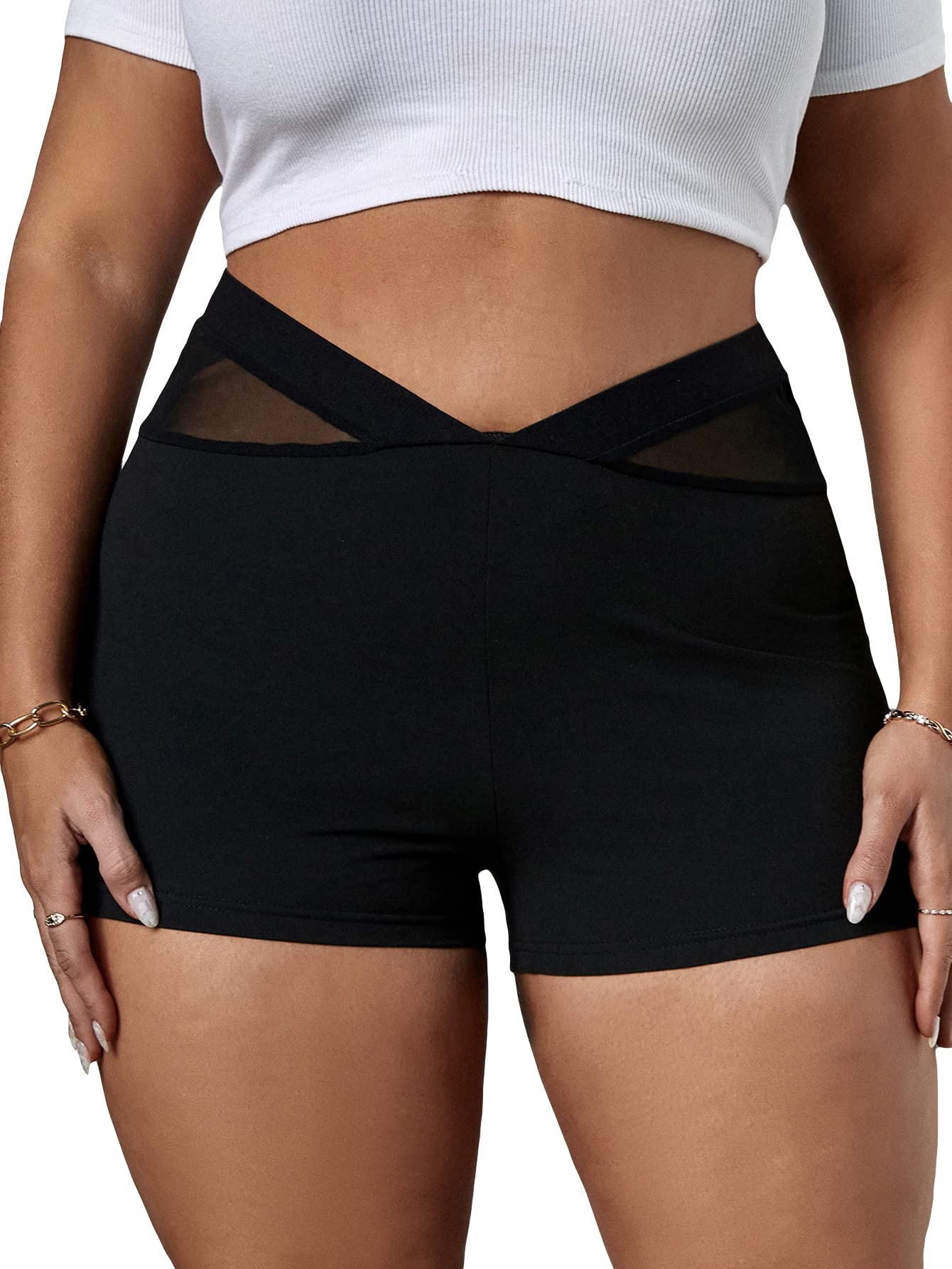 CozyEase Women's Plus Size Contrast Mesh Biker Shorts - High Waisted Workout Shorts for Yoga, Running & Gym | Casual Solid Color Mini Shorts for Summer & Lounge Wear