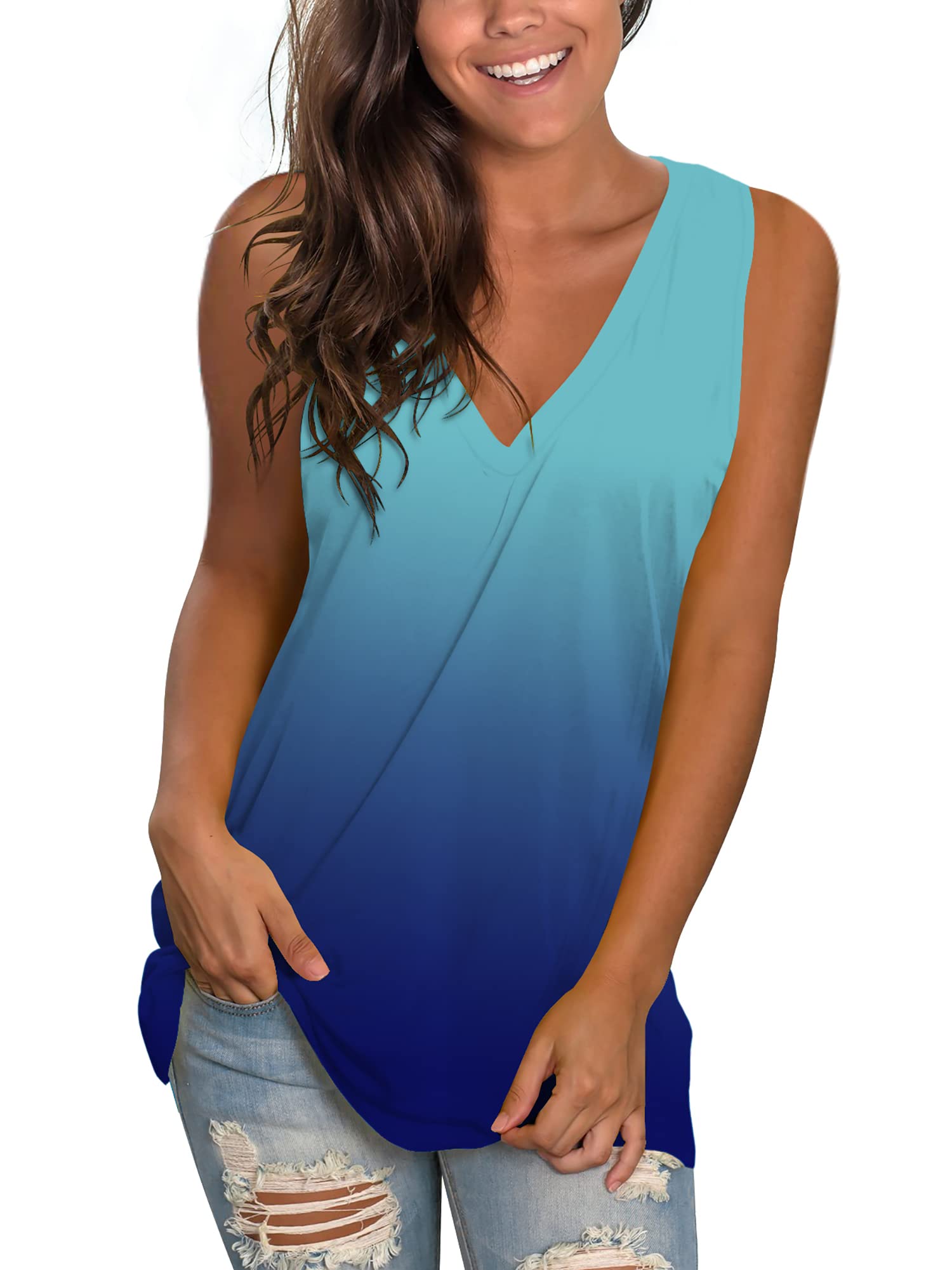 Women's Floral V-Neck Sleeveless Tank Tops with Side Split - Breathable Summer Casual T-Shirts for Yoga, Beach & Everyday Wear