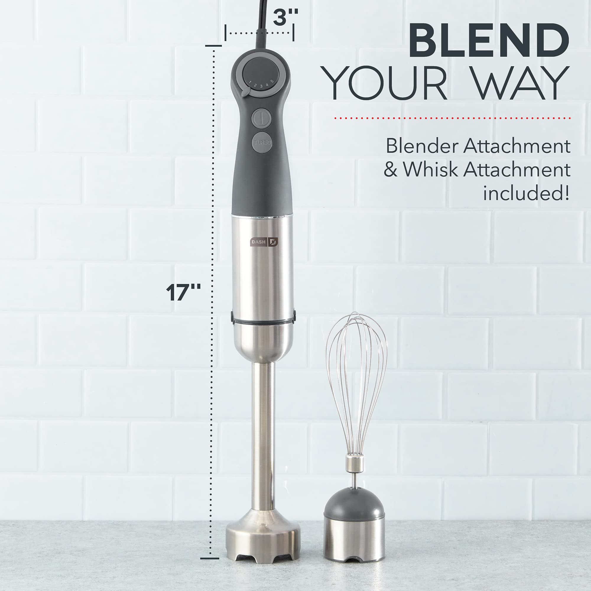 Dash Chef Series 5-Speed Immersion Hand Blender with Stainless Steel Blades & Whisk Attachment - Cool Grey | Perfect for Smoothies, Soups, Sauces & Baking Recipes