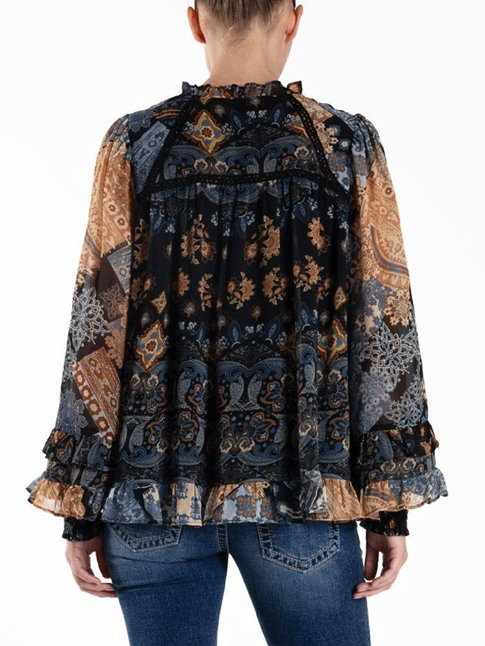 Miss Me MT3006L Women's Mixed Media Peasant Blouse with Tassel - Navy Blue Boho Chic Top for Casual Outings & Summer Festivals