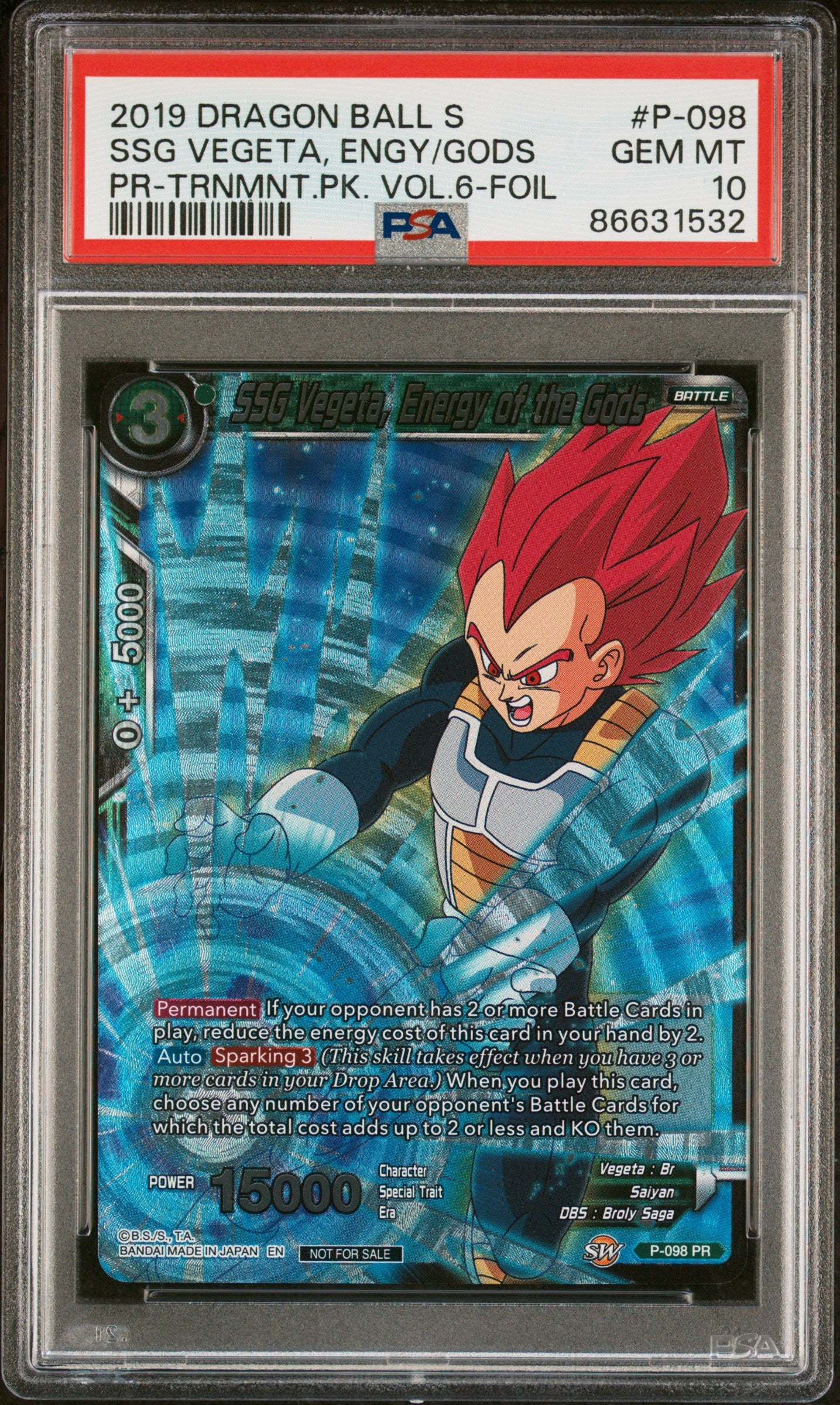 2019 Dragon Ball Super Official SSG Vegeta, Engy/Gods #P 098 PSA 10 Graded Card - Perfect for Collectors, Anime Fans & Investment - Display at Home, Office or Gaming Room