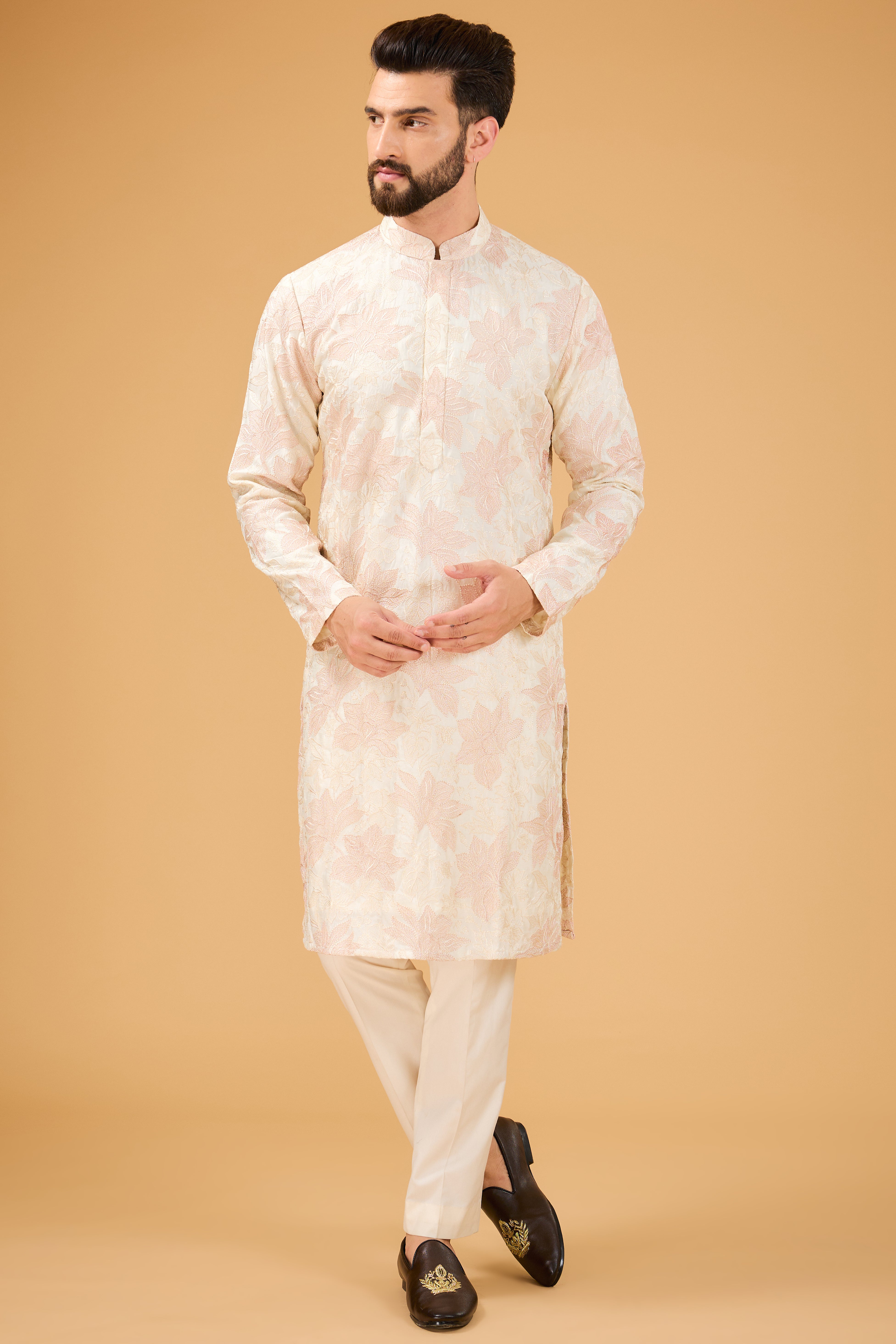Elegant Pink and Cream Chikankari Kurta with Floral Embroidery - Perfect for Festivals, Weddings, and Casual Wear