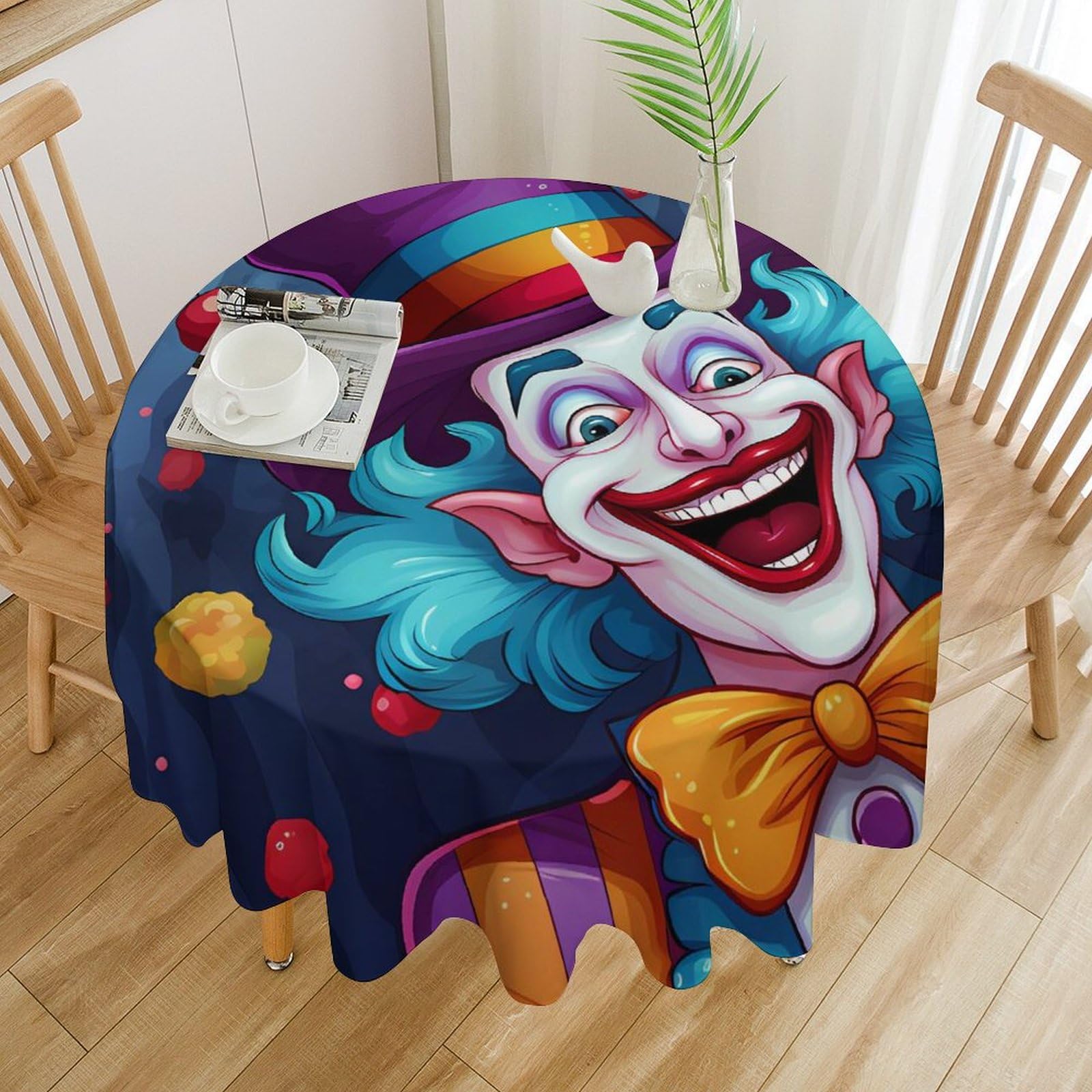 Happy Working Clown Round Tablecloth - Washable Polyester Table Cover for Restaurant, Party & Kitchen Decor - Perfect for Birthday Celebrations, Themed Events & Home Dining