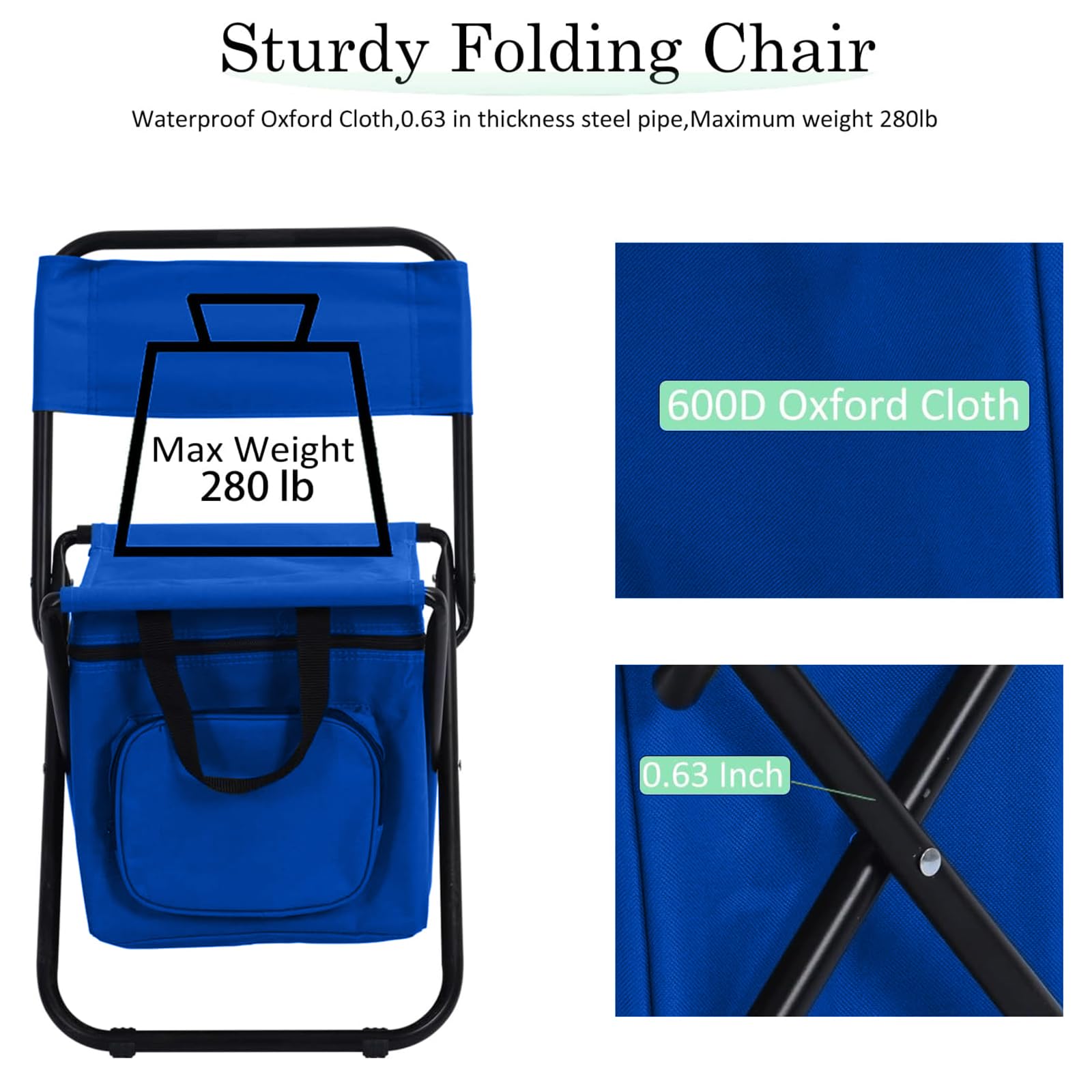 Sequpr Foldable Fishing Chair with Cooler Bag & Backrest - Portable Camping Chair for Fishing, Hunting, Hiking - Lightweight Outdoor Gear for Beach, Picnic & Backyard (Blue)
