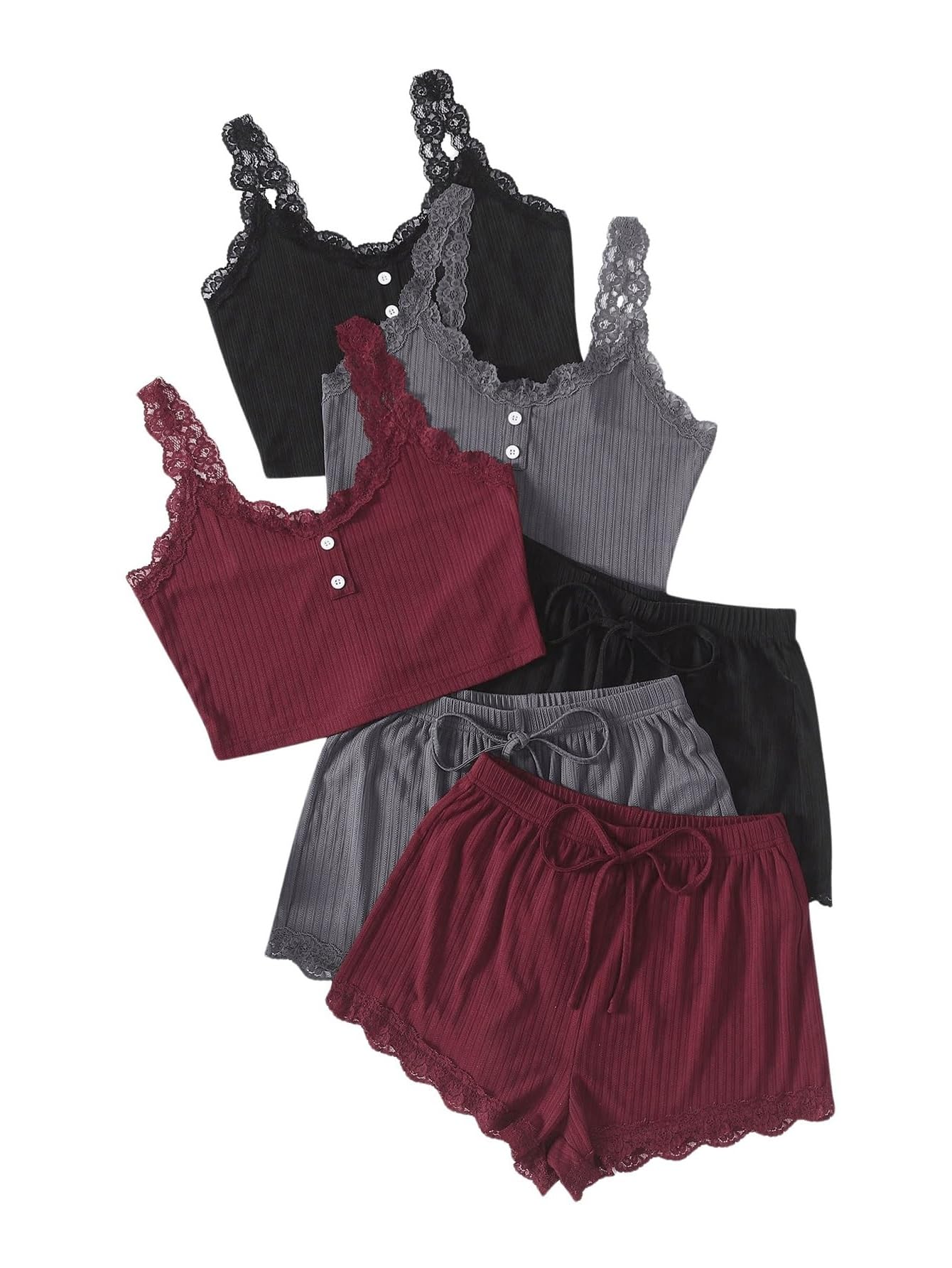 SOLY HUX Women's 3-Piece Pajama Set - Lace Trim Button-Down Camisole, Crop Tank Top & Shorts - Soft Sleepwear & Lounge Wear for Nighttime Comfort, Vacation & Relaxation at Home