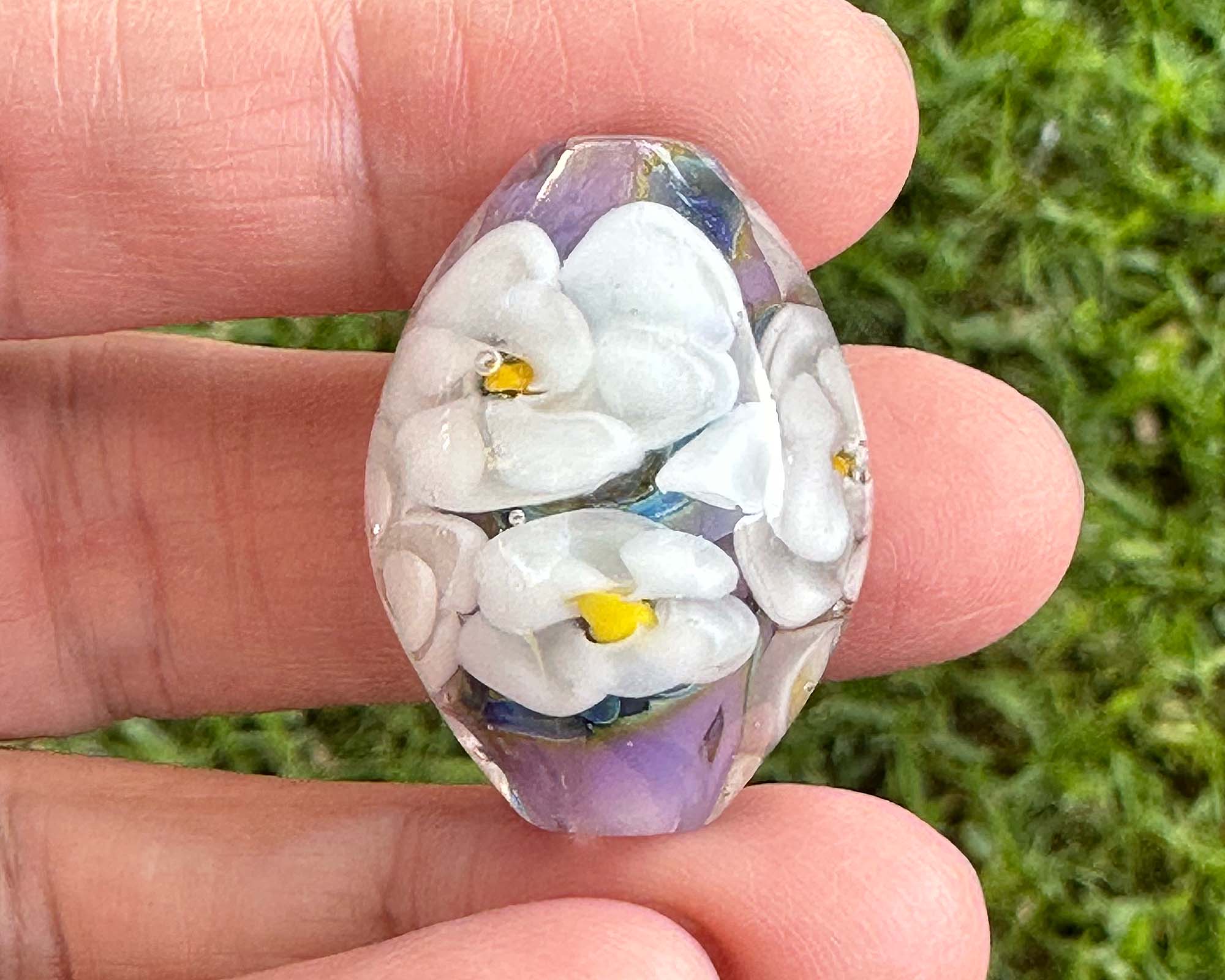 White Lavender Floral Lampwork Glass Focal Bead for Jewelry Making - DIY Necklace, Bracelet & Craft Projects - Handmade Artisan Bead for Boho Style Accessories