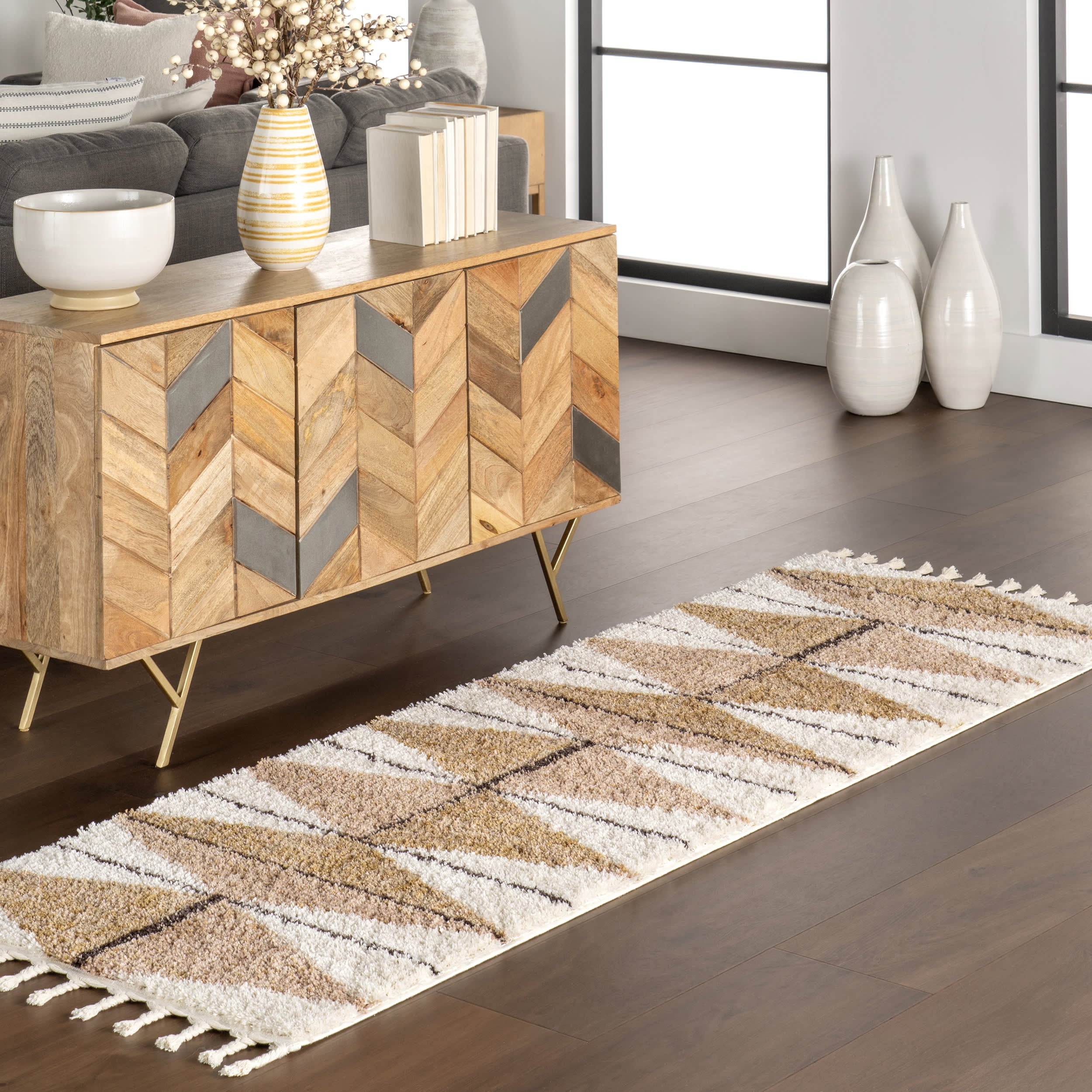 Alexa Diamond Tasseled Area Rug - Soft Light Brown Bohemian Style Carpet for Living Room, Bedroom Decor | Non-Slip Floor Mat for Home, Office & Dorm
