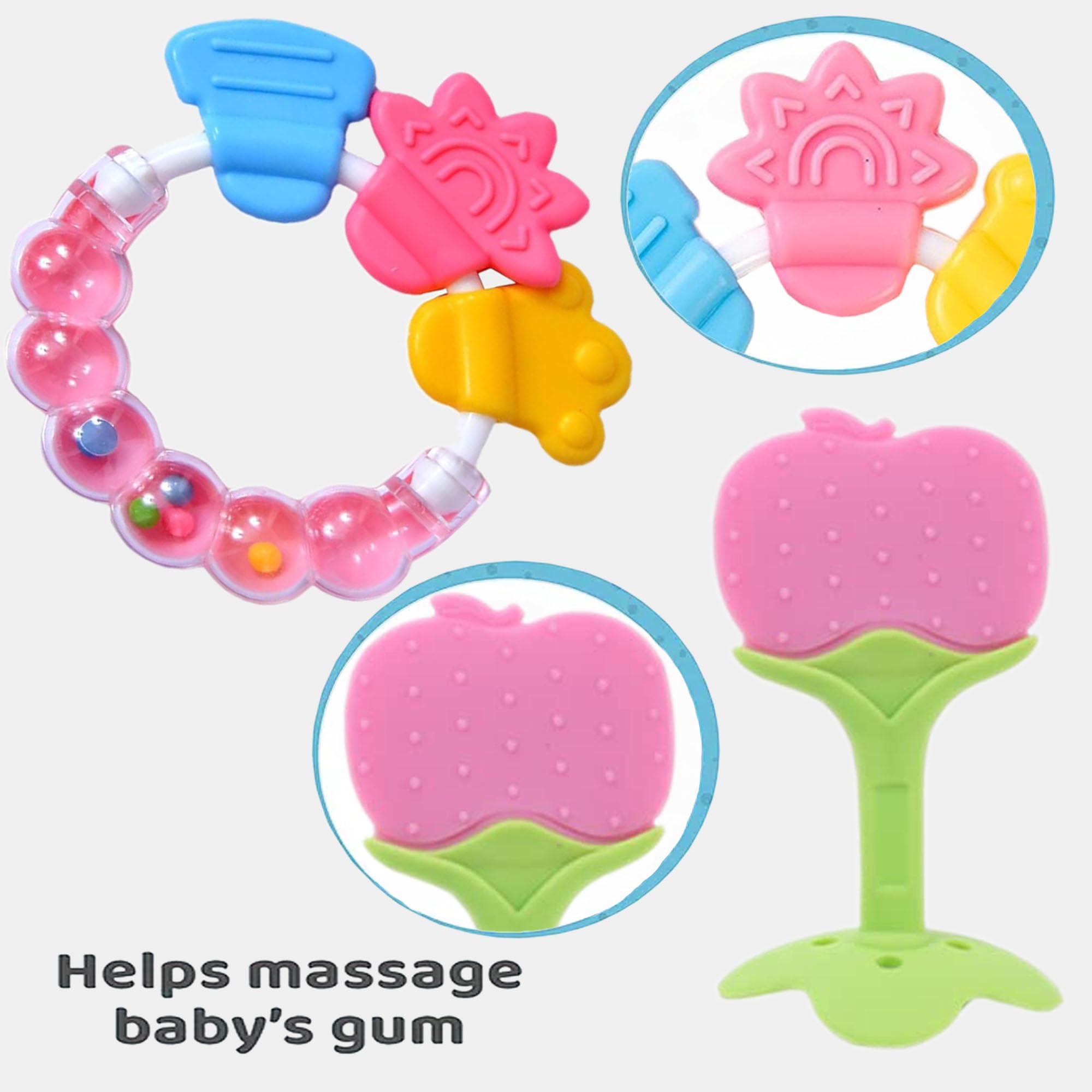 Kritiu Baby Silicone Giraffe Teether & Fruit Vegetable Nibbler Set - BPA Free Textured Teething Toys for Infants - Soothing Relief for Sore Gums - Perfect for Home, Travel & Daycare - Pink (2-Pack)