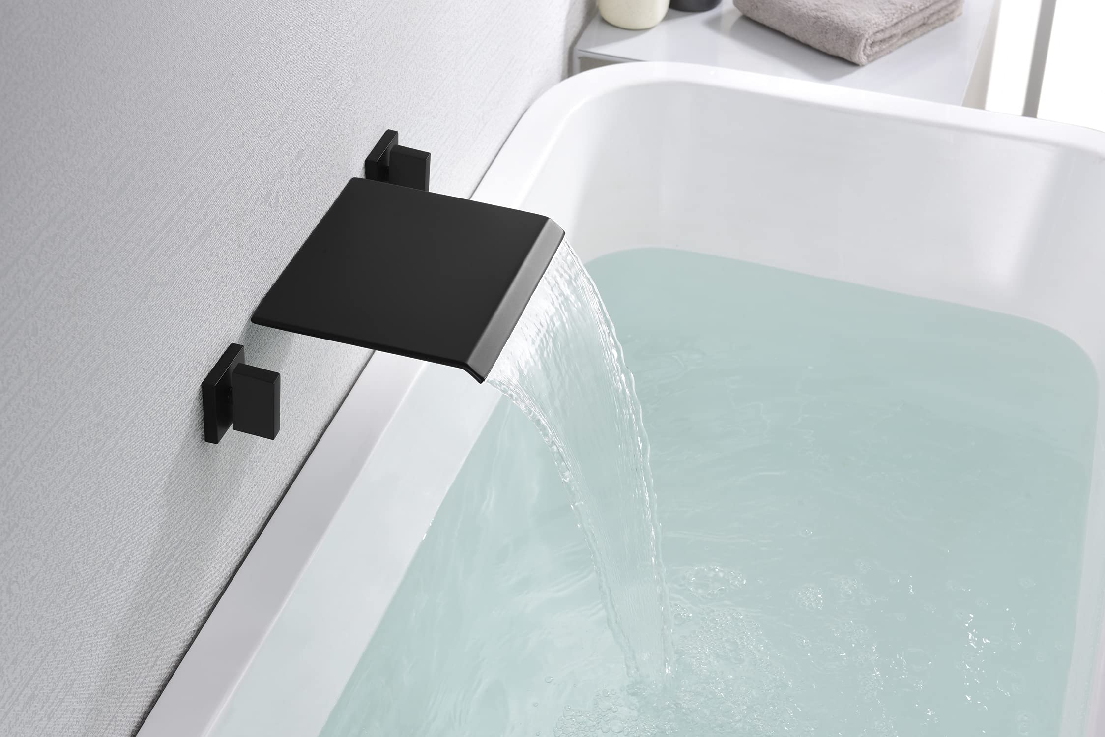 SUMERAIN Matte Black Wall Mount Bathtub Faucet - Waterfall Tub Filler with Two Handles, High Flow Rate - Perfect for Modern Bathroom, Spa, and Luxury Home Decor