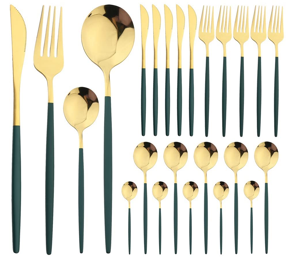 Premium 24-Piece Stainless Steel Silverware Flatware Set - Knife, Fork & Spoon Cutlery for Dining, Kitchen, Wedding & Special Occasions (Green Gold) - Elegant Tableware for Everyday Meals, Dinner Parties & Gifts