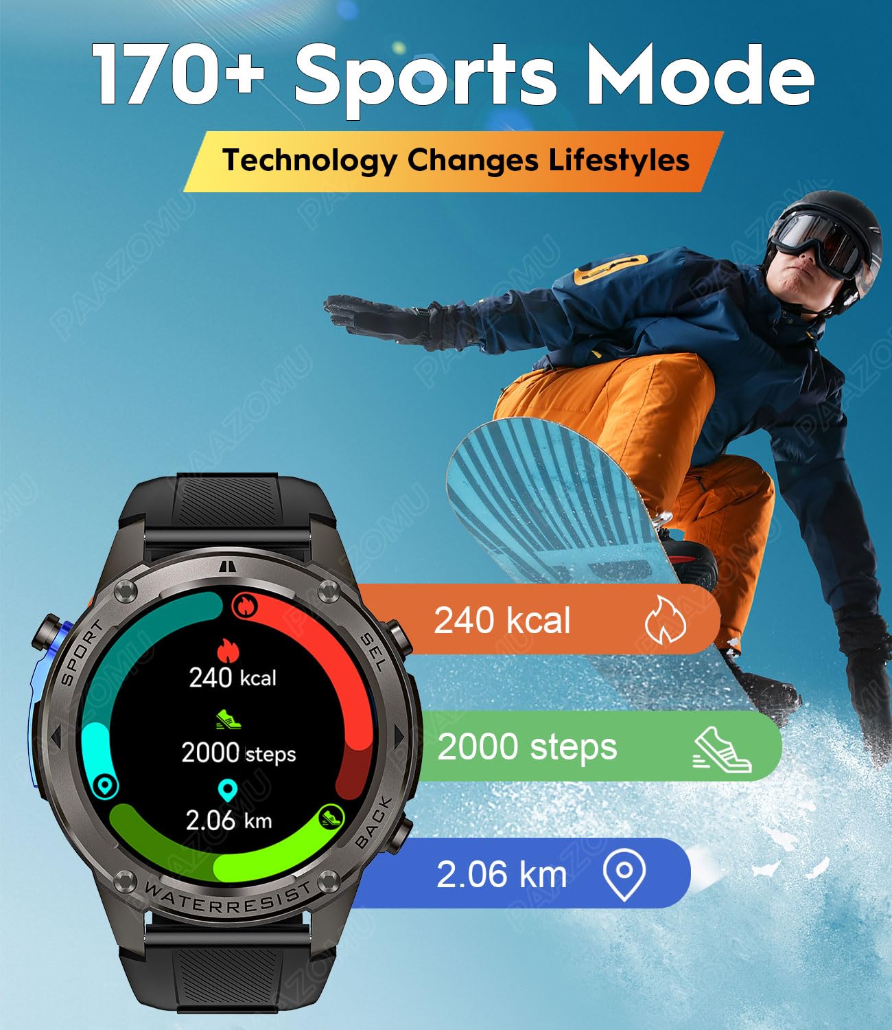 Military Tactical Smartwatch for Men - 5ATM Waterproof, GPS, Compass, Altimeter, Barometer, 1.43