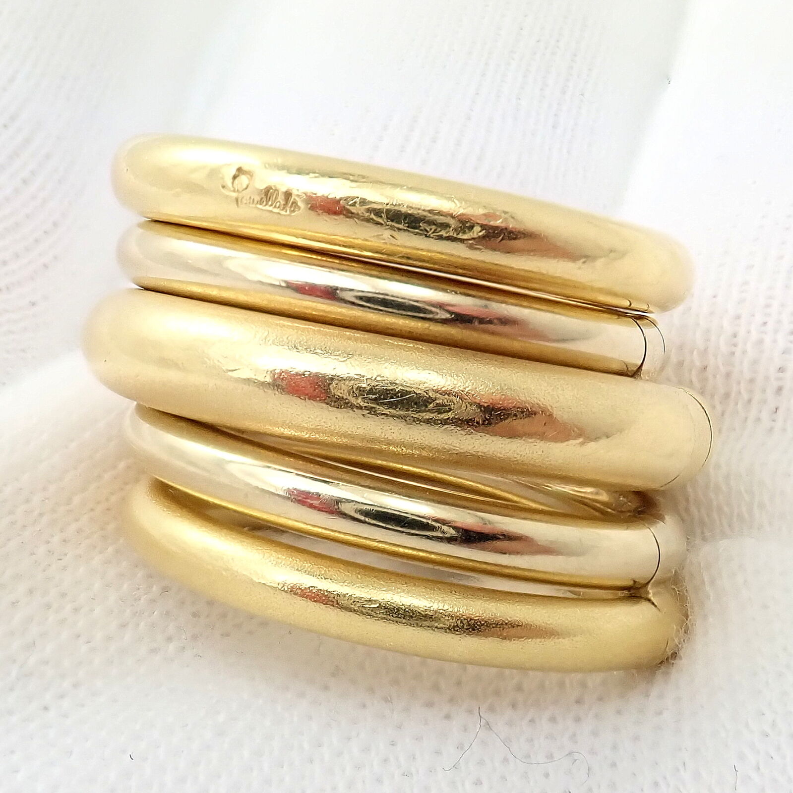 Authentic Pomellato 18k Yellow & White Gold 5-Row Interlocking Tubolare Band Ring for Women - Luxury Stackable Jewelry for Weddings, Anniversaries & Special Occasions
