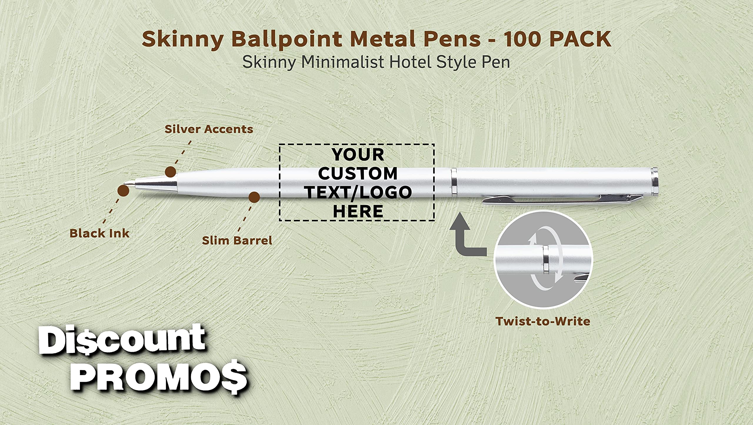 100 Pack Customizable Skinny Ballpoint Metal Pens - Personalized Text & Logo - Sleek Twist-Off Design with Black Ink - Silver Office & School Writing Supplies for Business Gifts & Promotional Giveaways