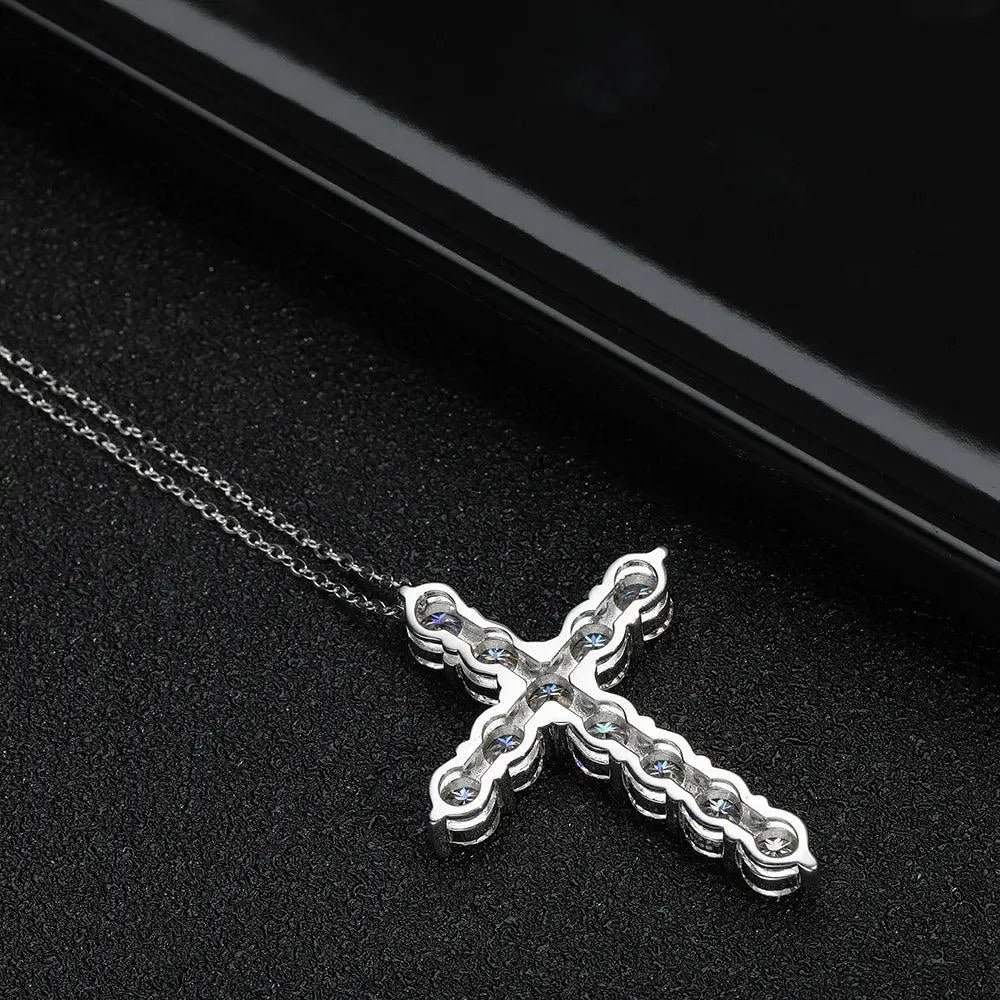 KNOBSPIN Genuine Moissanite Cross Pendant Necklace - 925 Sterling Silver Chain with 18K White Gold Plating | Elegant Women's Jewelry for Church, Weddings & Special Occasions