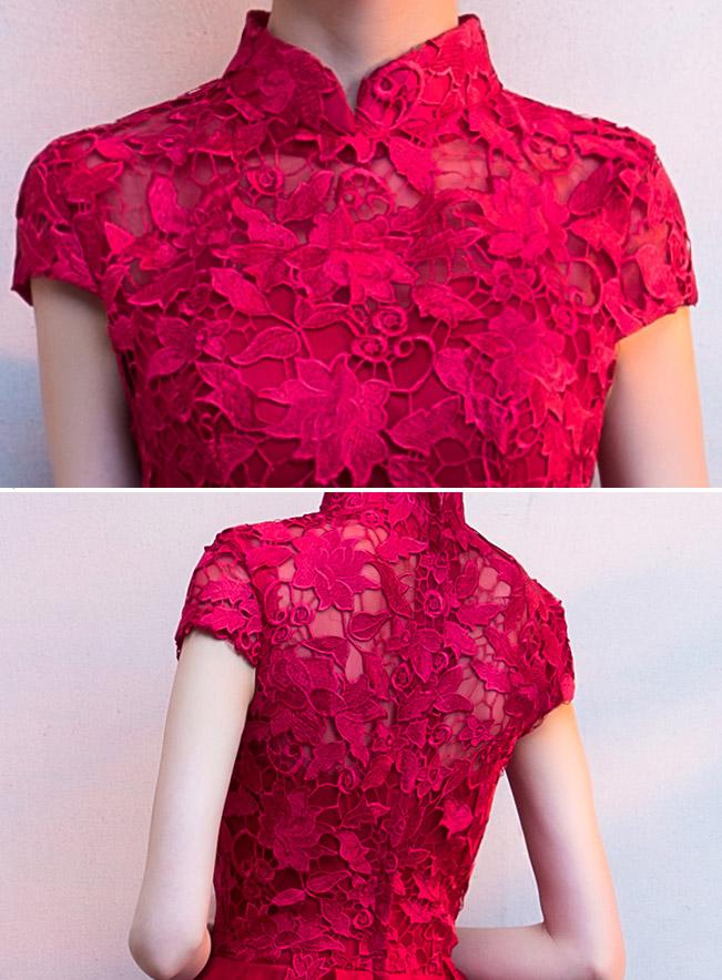 Elegant Red High-Low Hem Lace Qipao Cheongsam Dress for Women - Vintage Chinese Party Gown for Evening Events, Weddings & Special Occasions