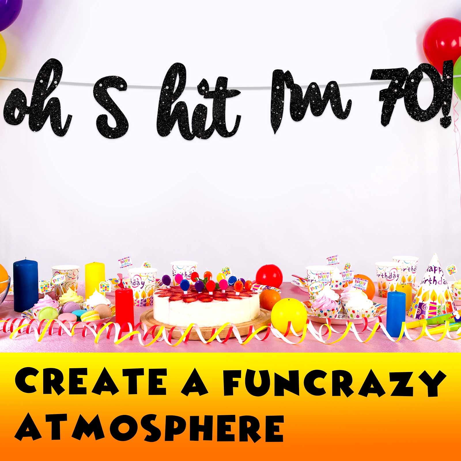 Glitter Black 'Oh I'm 70!' Birthday Banner Backdrop - Cheers to 70 Years Decor for Men & Women - Perfect for 70th Birthday Party, Photo Studio Props, and Celebration Decorations - Great for Milestone Birthdays, Retirement Parties & Family Gatherings