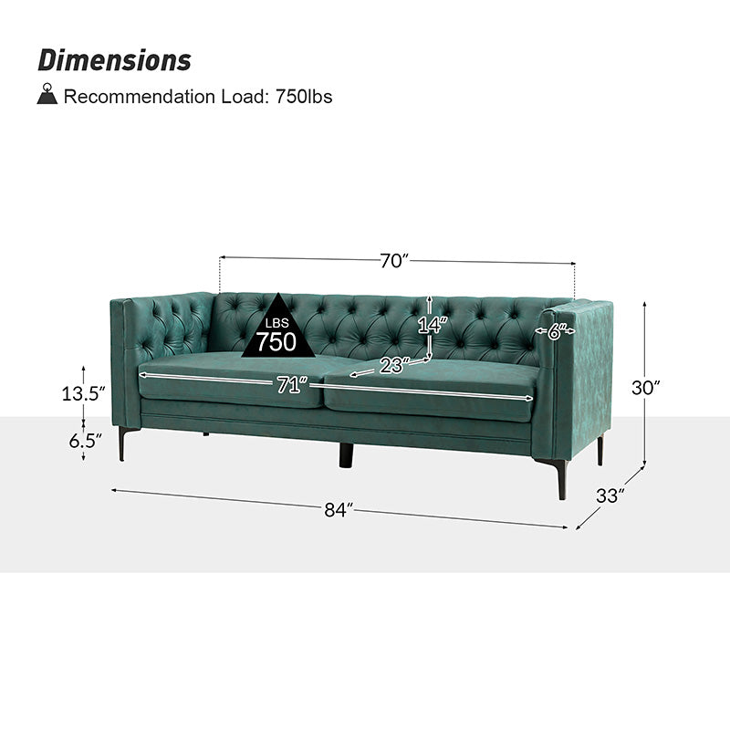 84'' Vegan Leather Tufted Sofa - Modern Faux Leather Couch for Living Room, Office & Lounge - Comfortable Mid-Century Style Sectional with Button Tufting