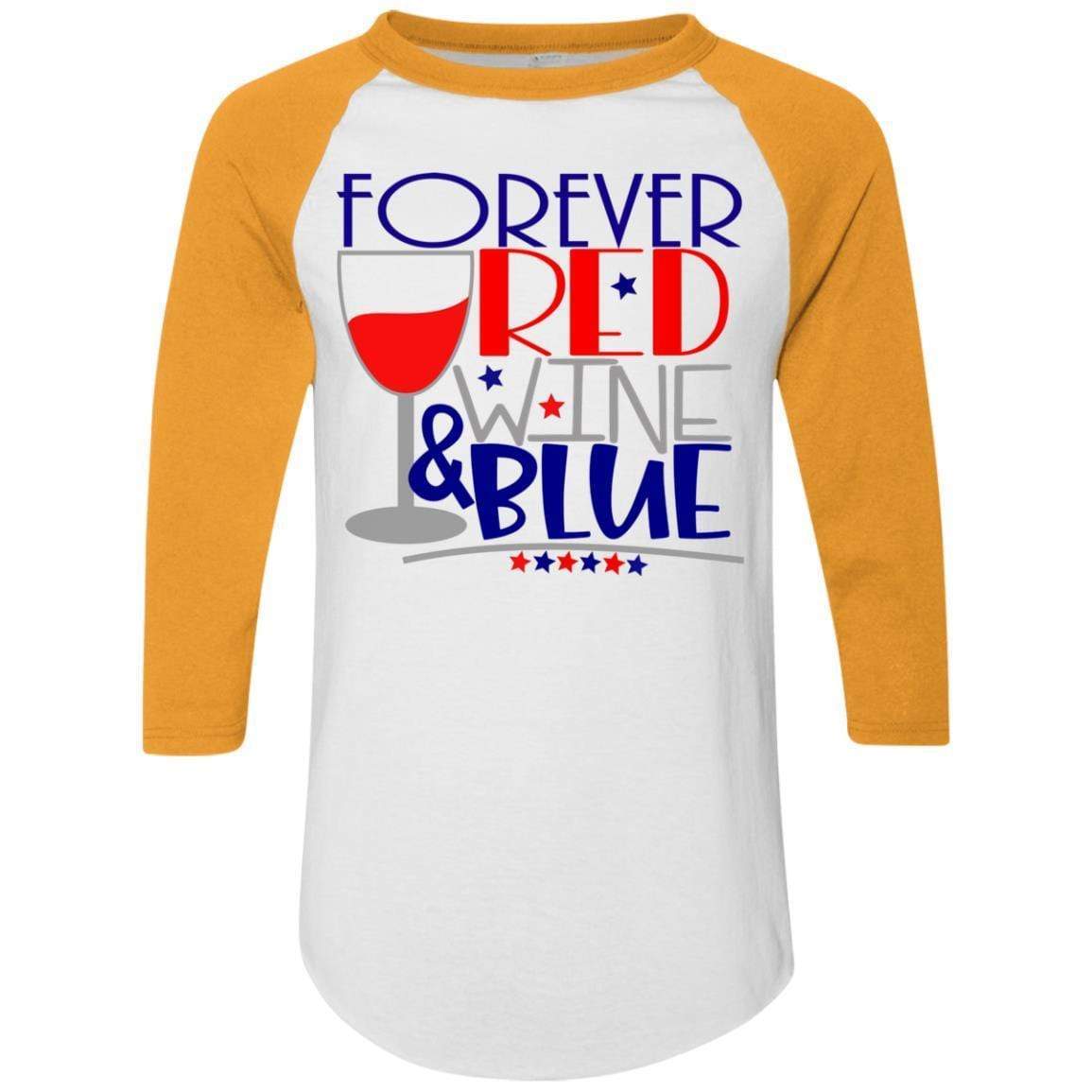 WineyBitches.Co Forever Red Wine & Blue Colorblock Raglan Jersey - Stylish Baseball Tee for Casual Wear, Girls Night Out & Patriotic Events