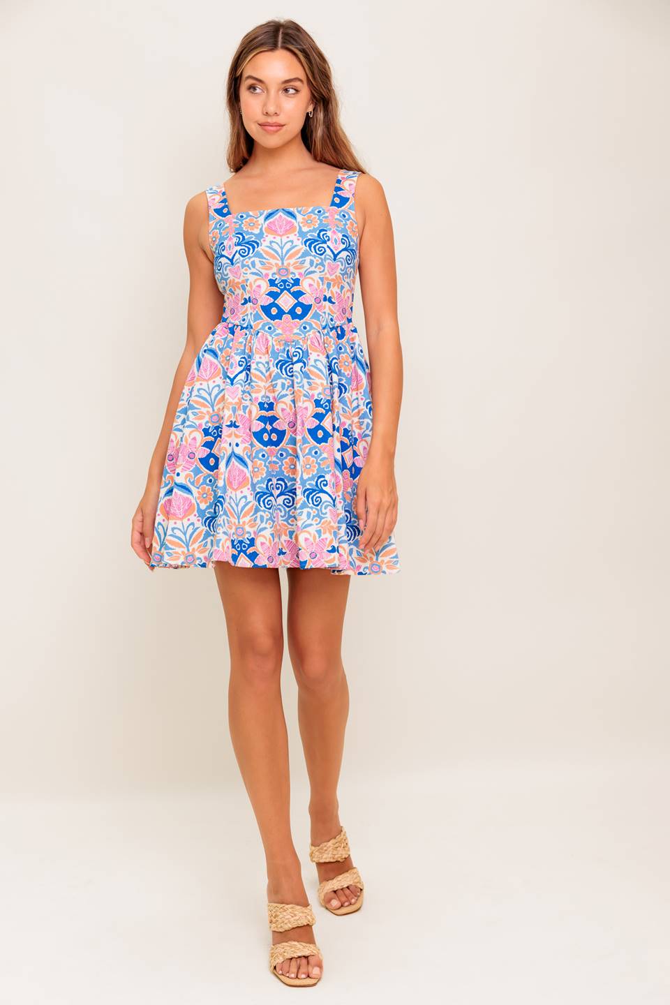 Kendra Blue Coral Print Mini Dress - Flowy Summer Beach Dress for Women, Perfect for Vacations, Parties & Date Nights